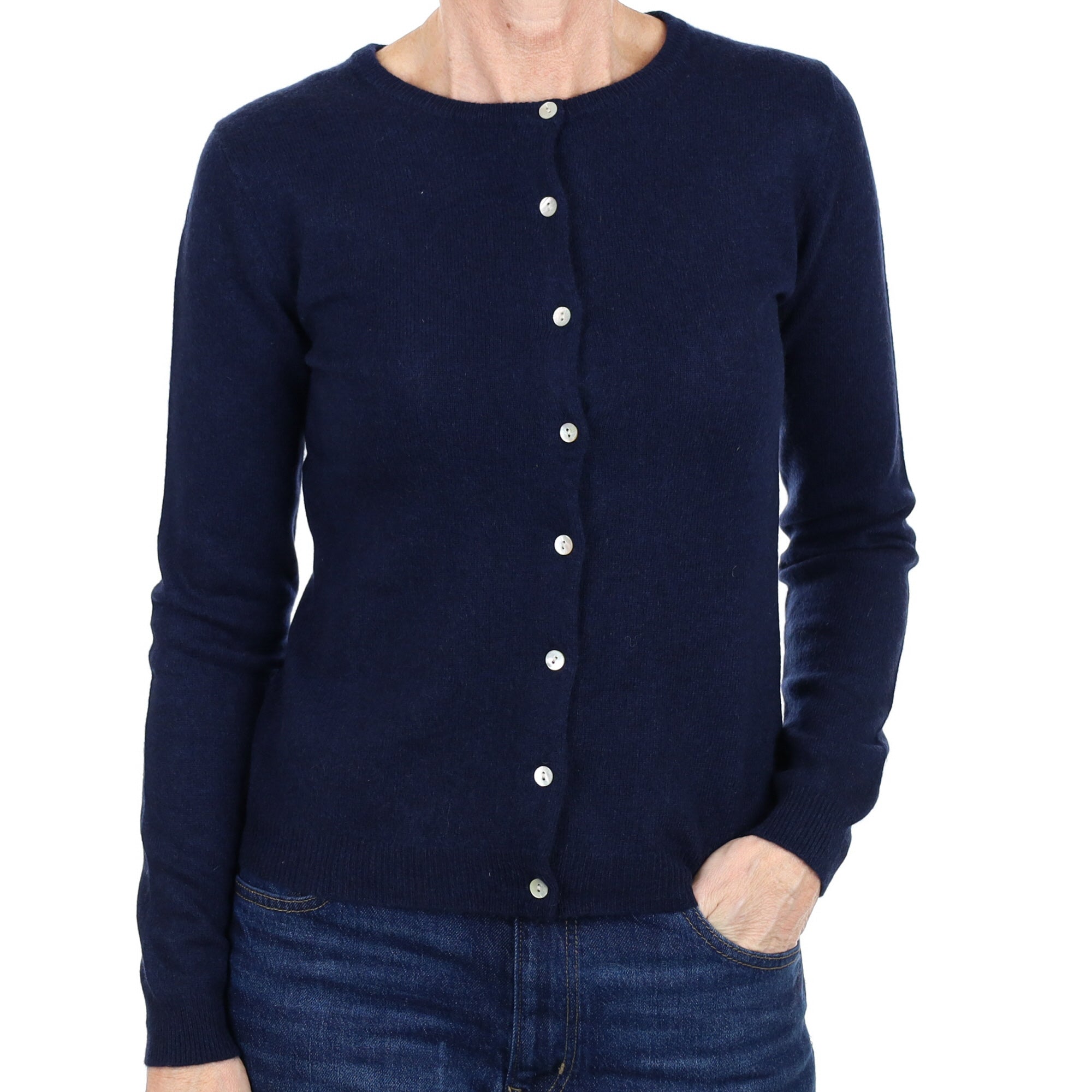 Navy Blue Cashmere Crew Neck Cardigan Small