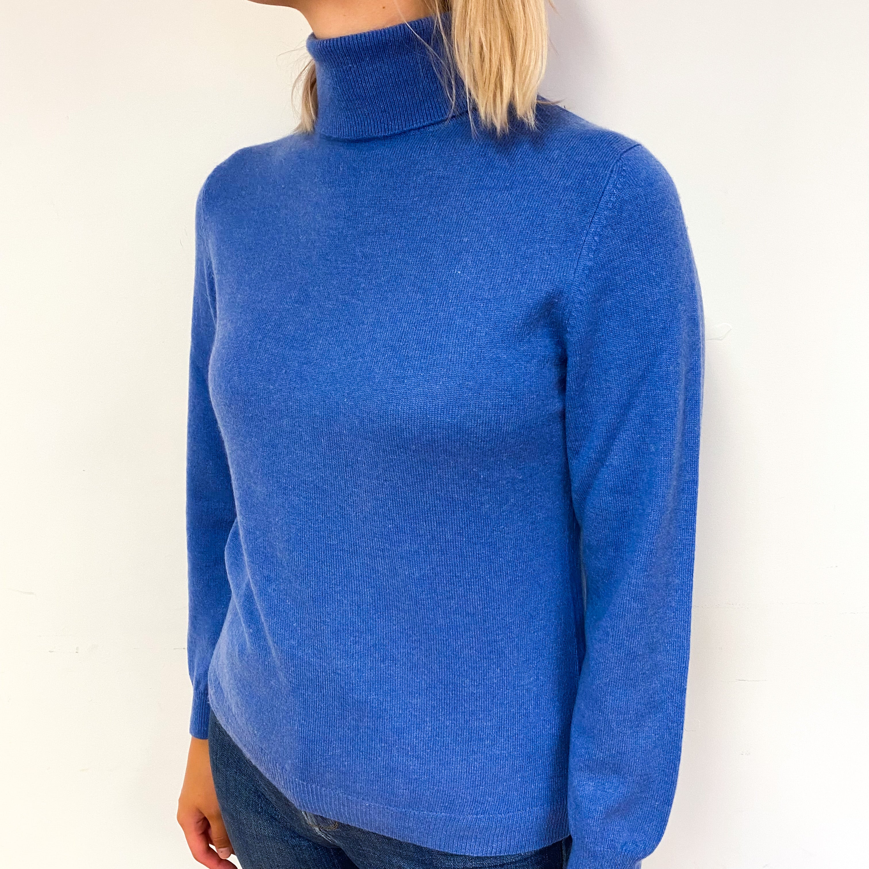 Tanzanite Blue Cashmere Polo Neck Jumper Small