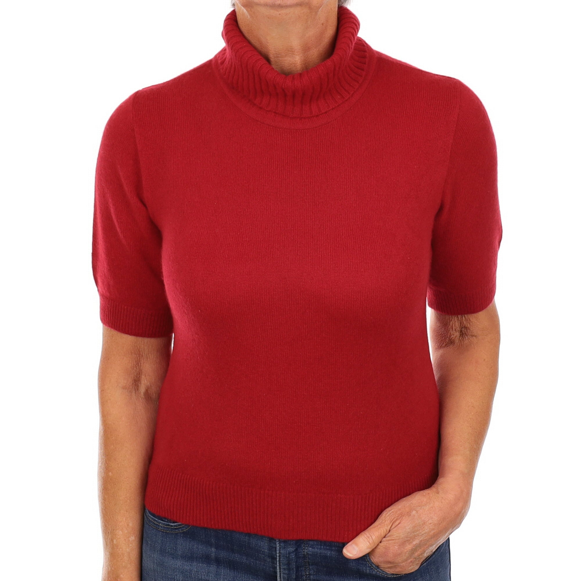 Crimson Red Cashmere Short Sleeve Polo Neck Medium