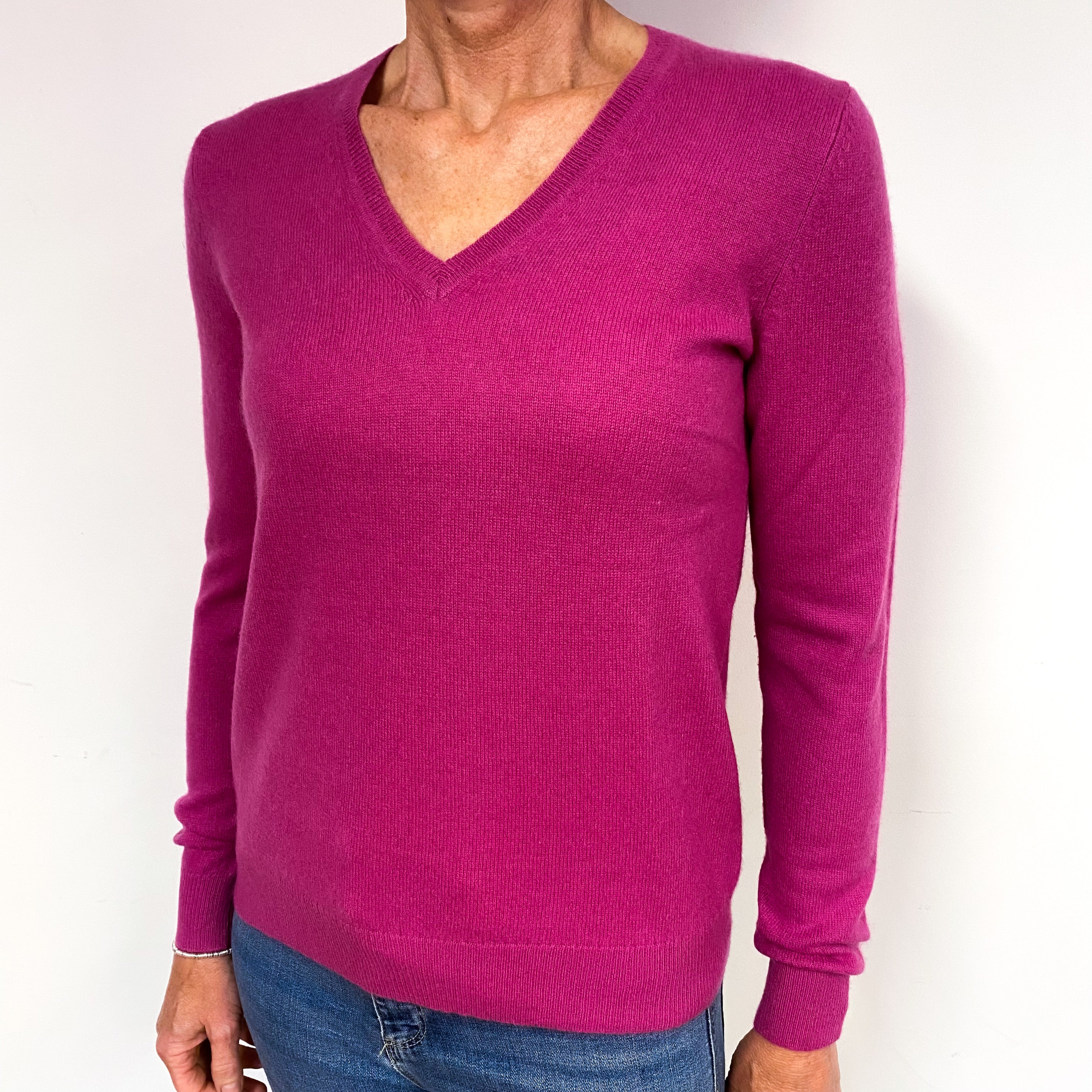 Magenta Pink Cashmere V-Neck Jumper Medium