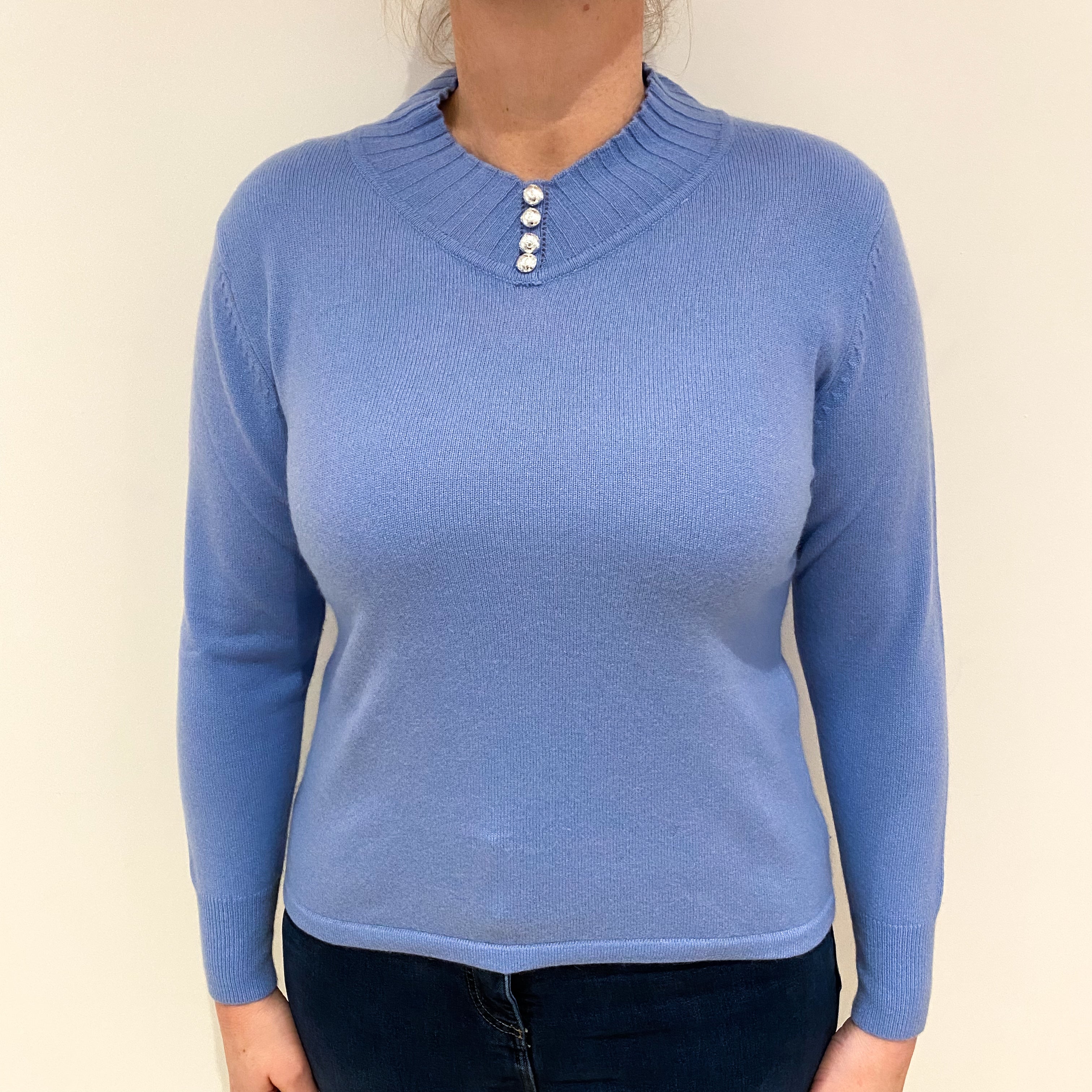 Sky Blue Cashmere High V Neck Jumper Large