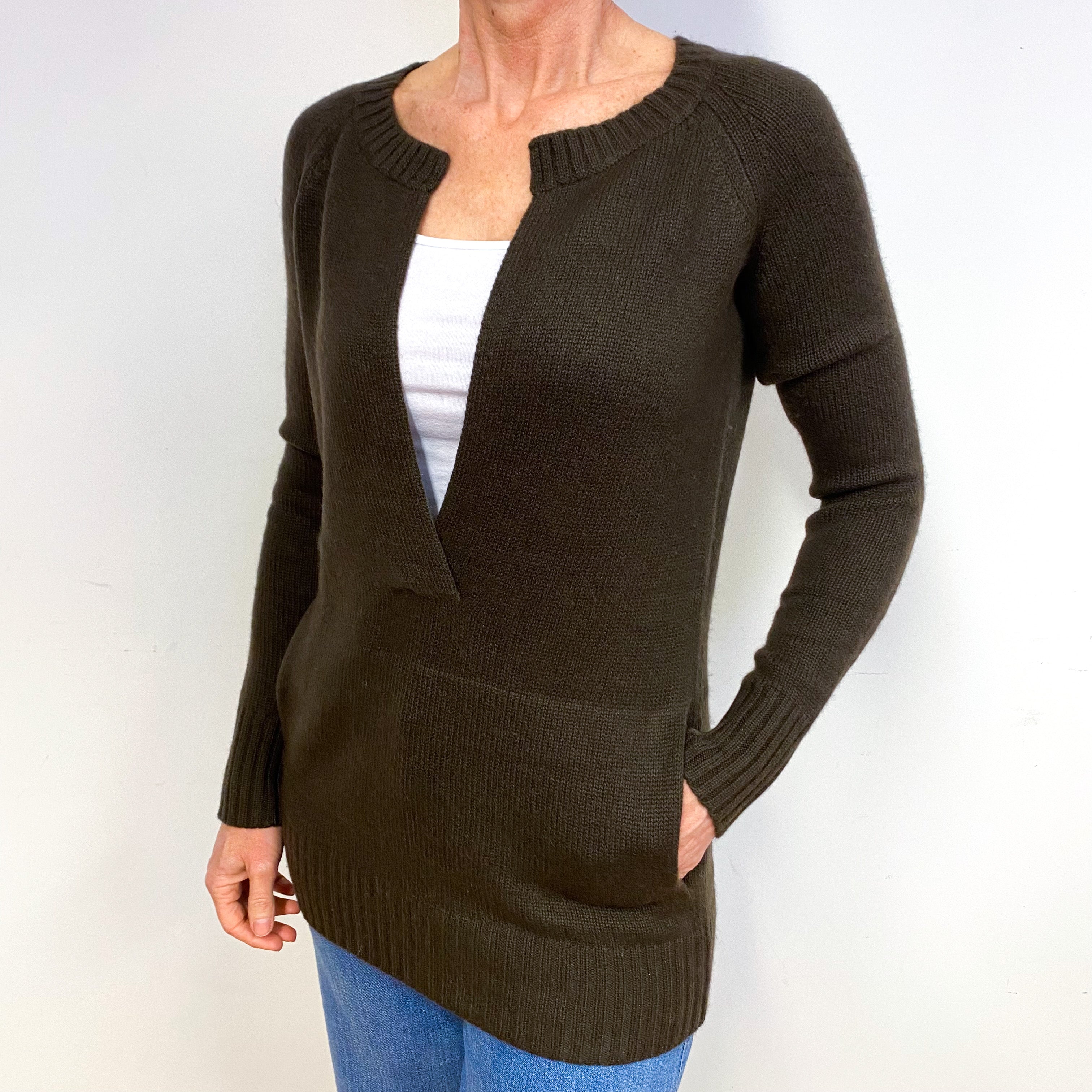 Theory Khaki Brown Cashmere Low V-Neck Tunic Jumper Medium