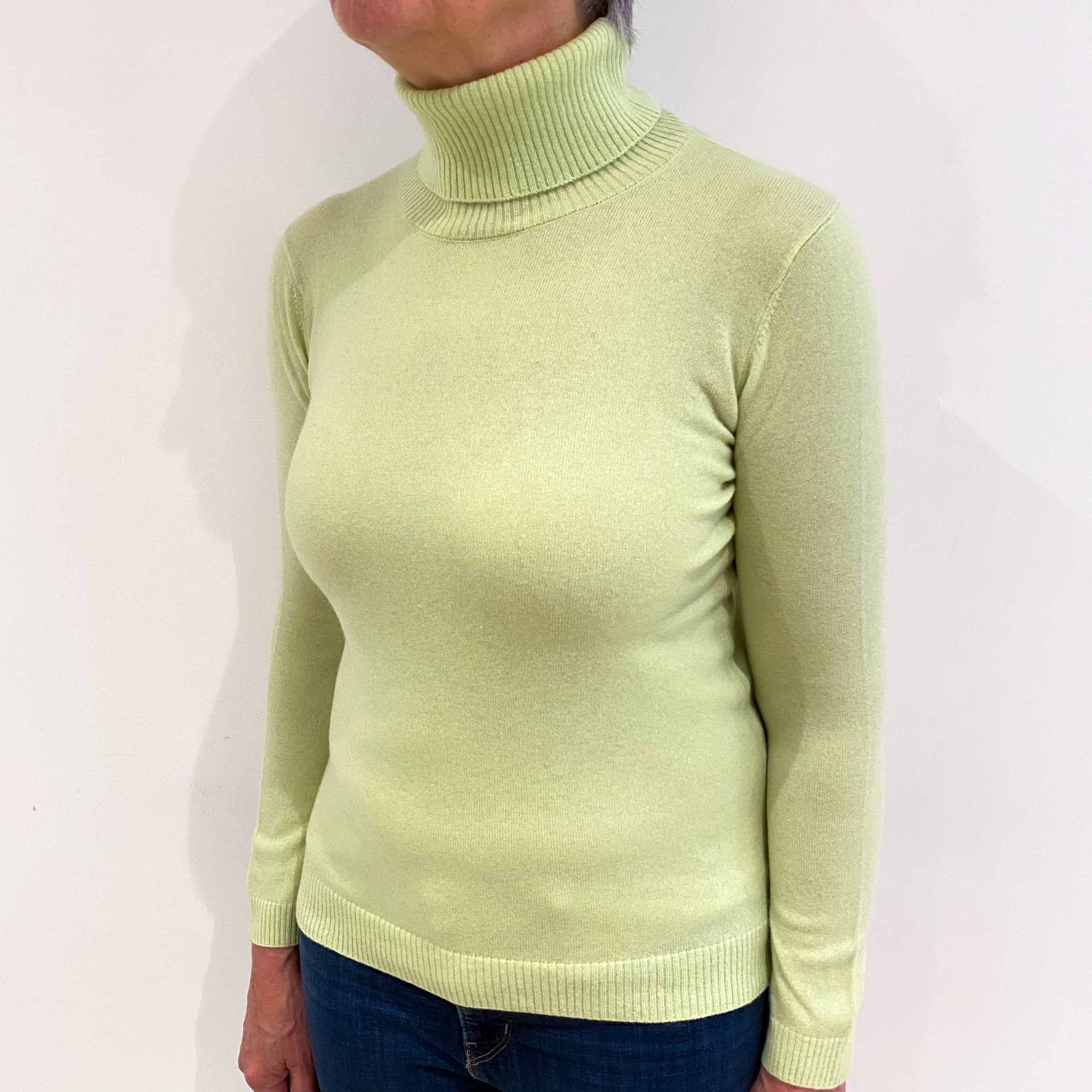 Soft Lime Green Cashmere Polo Neck Jumper Medium