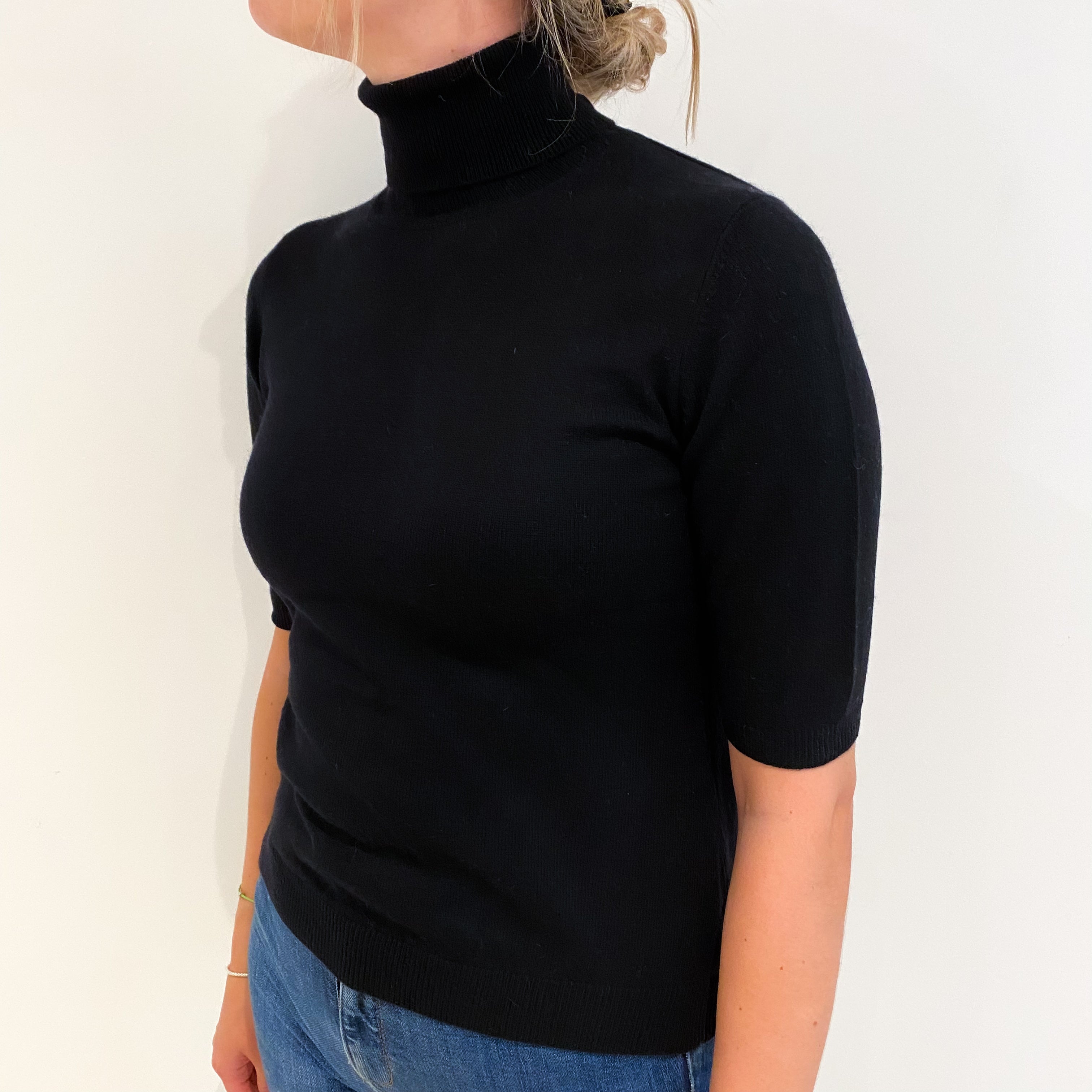 Black Cashmere Polo Neck Short Sleeved Jumper Small