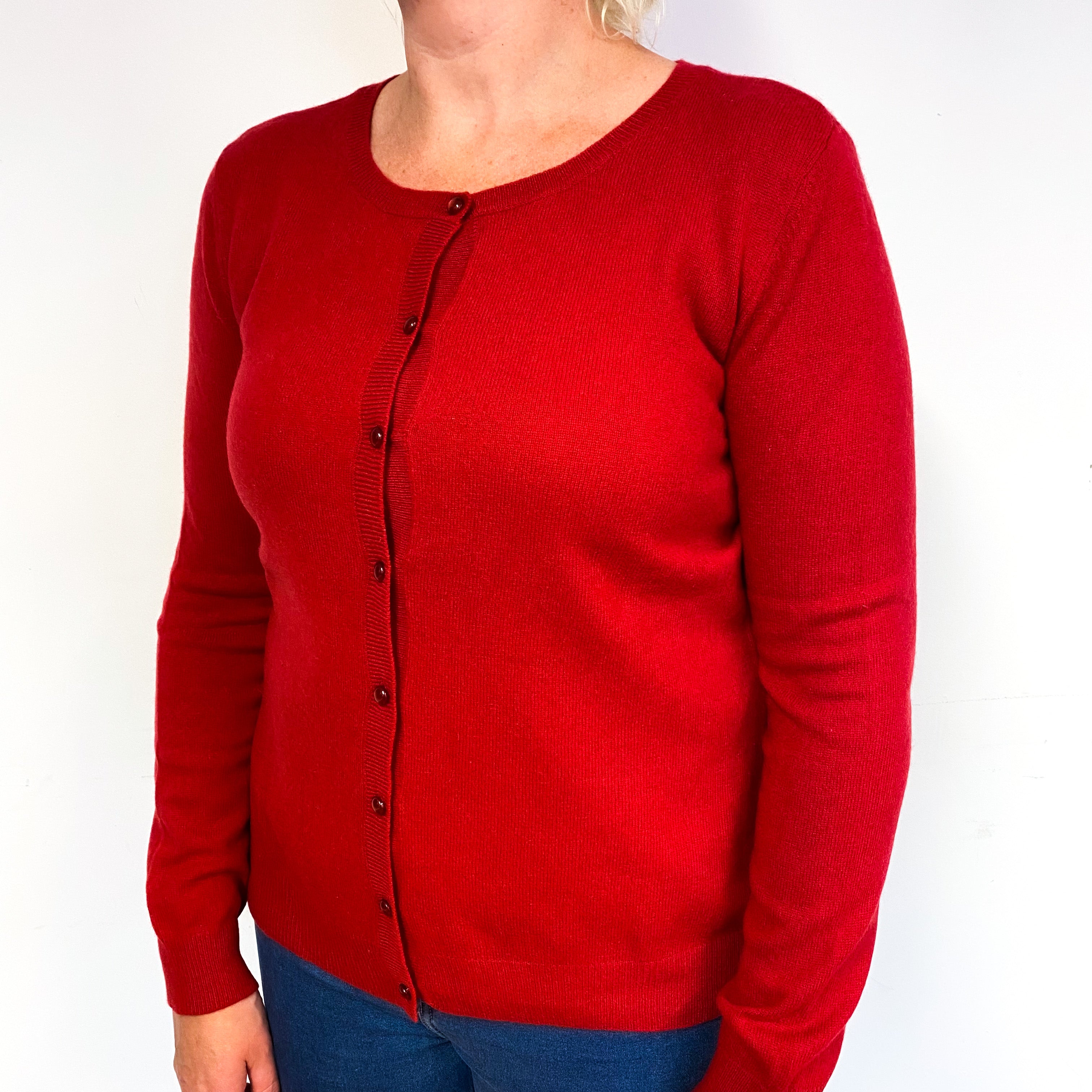 Post Box Red Cashmere Crew Neck Cardigan Large