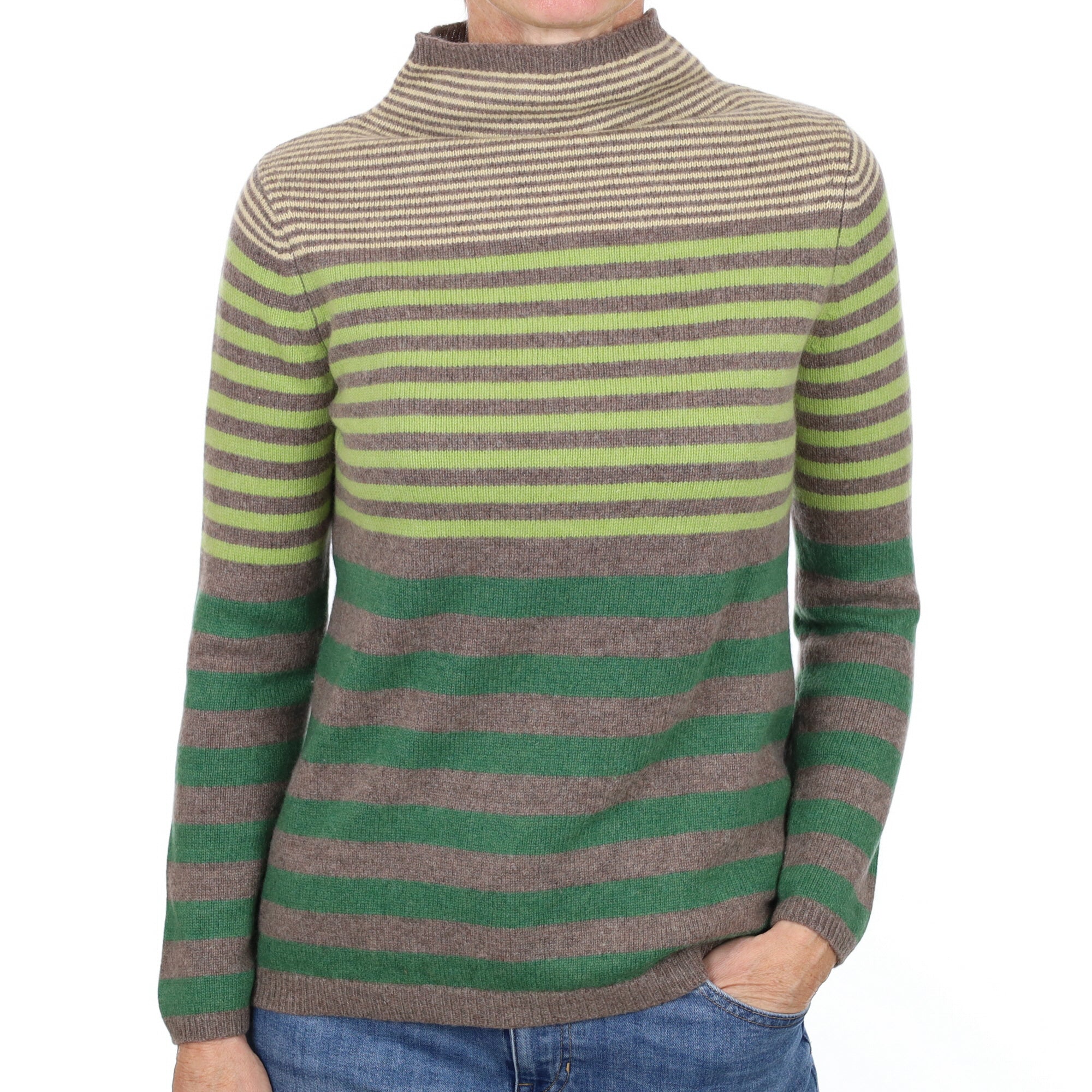 Green and Grey Stripe Cashmere Funnel Neck Jumper Small