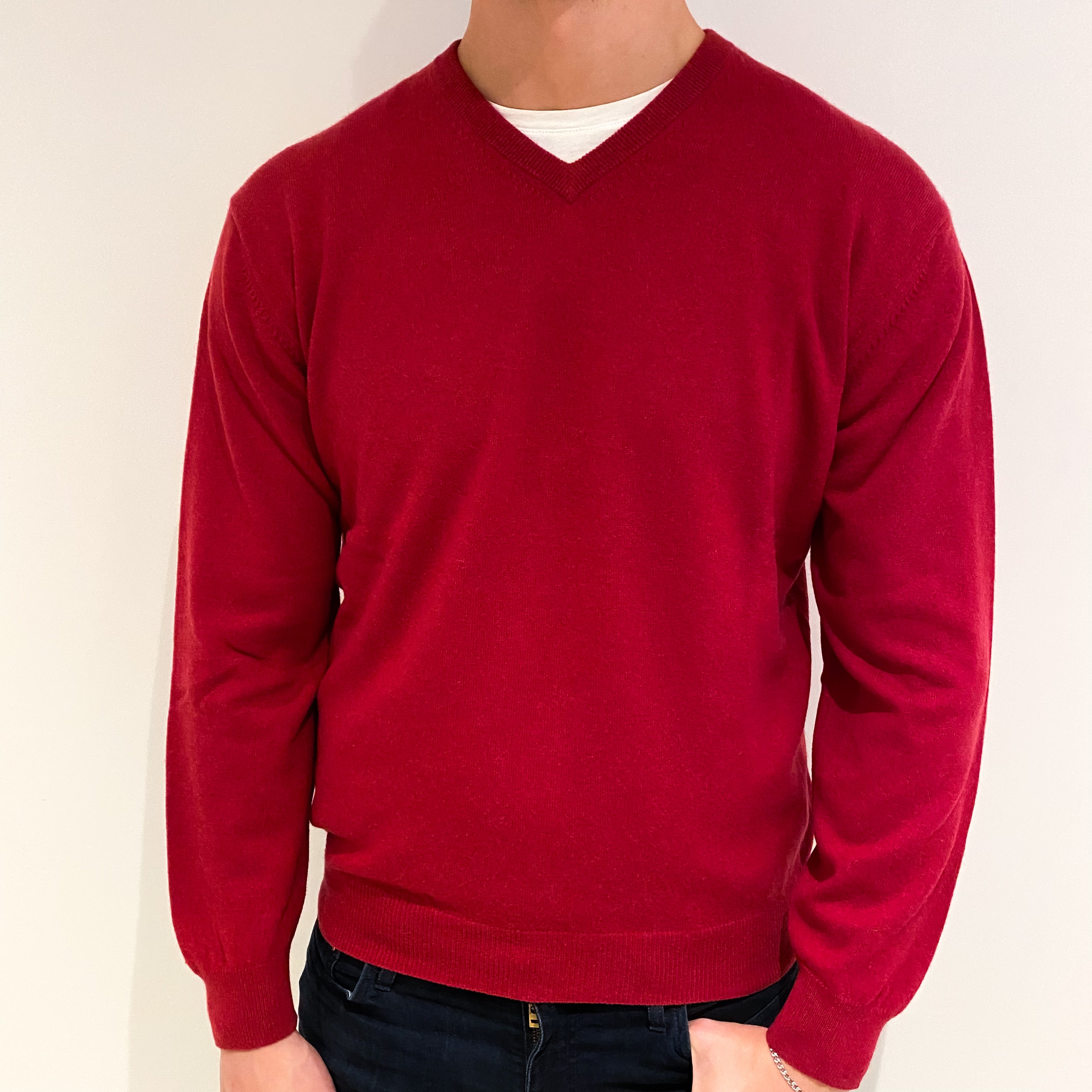 Men's Crimson Red Cashmere V Neck Jumper XL