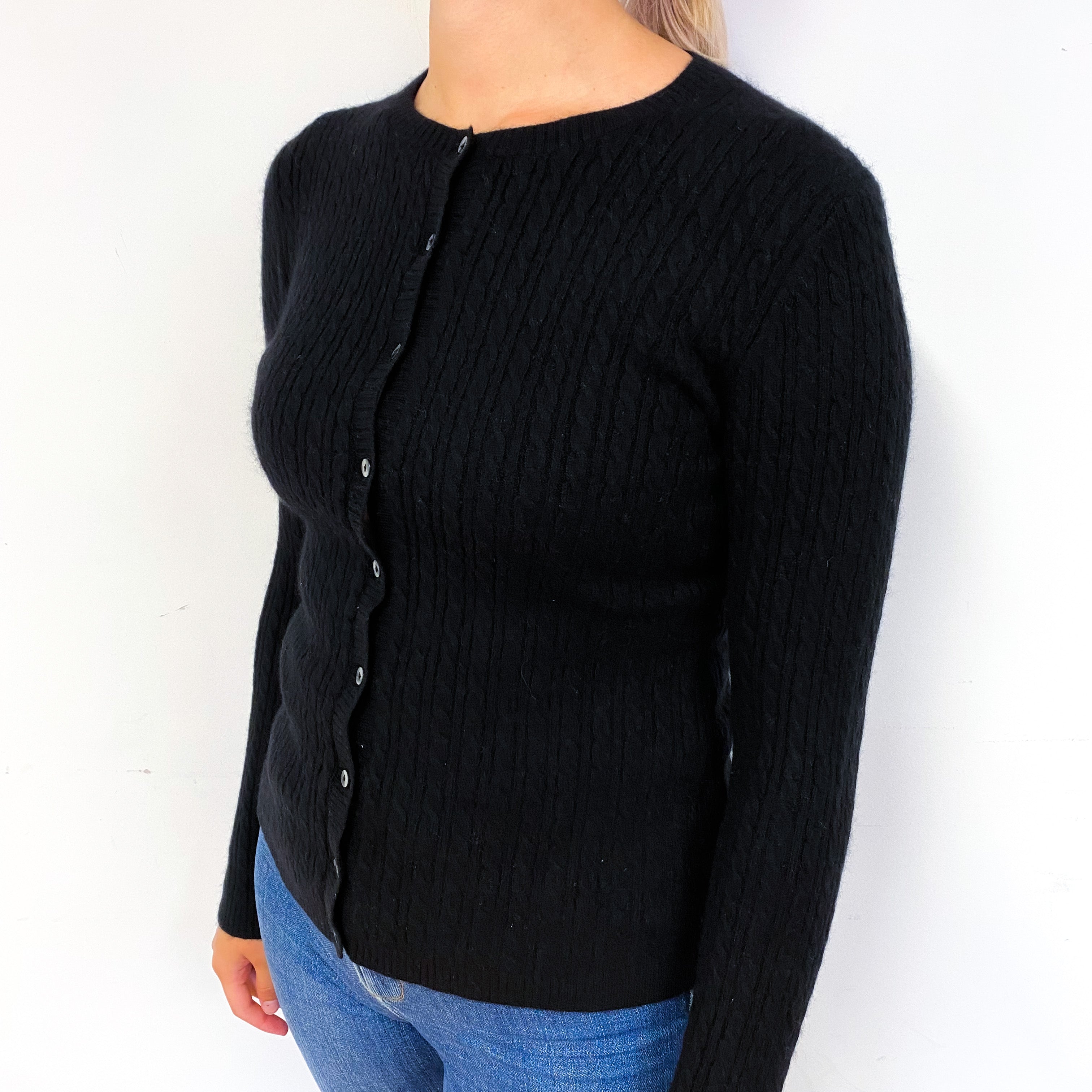 Black Cable Cashmere Crew Neck Cardigan Small