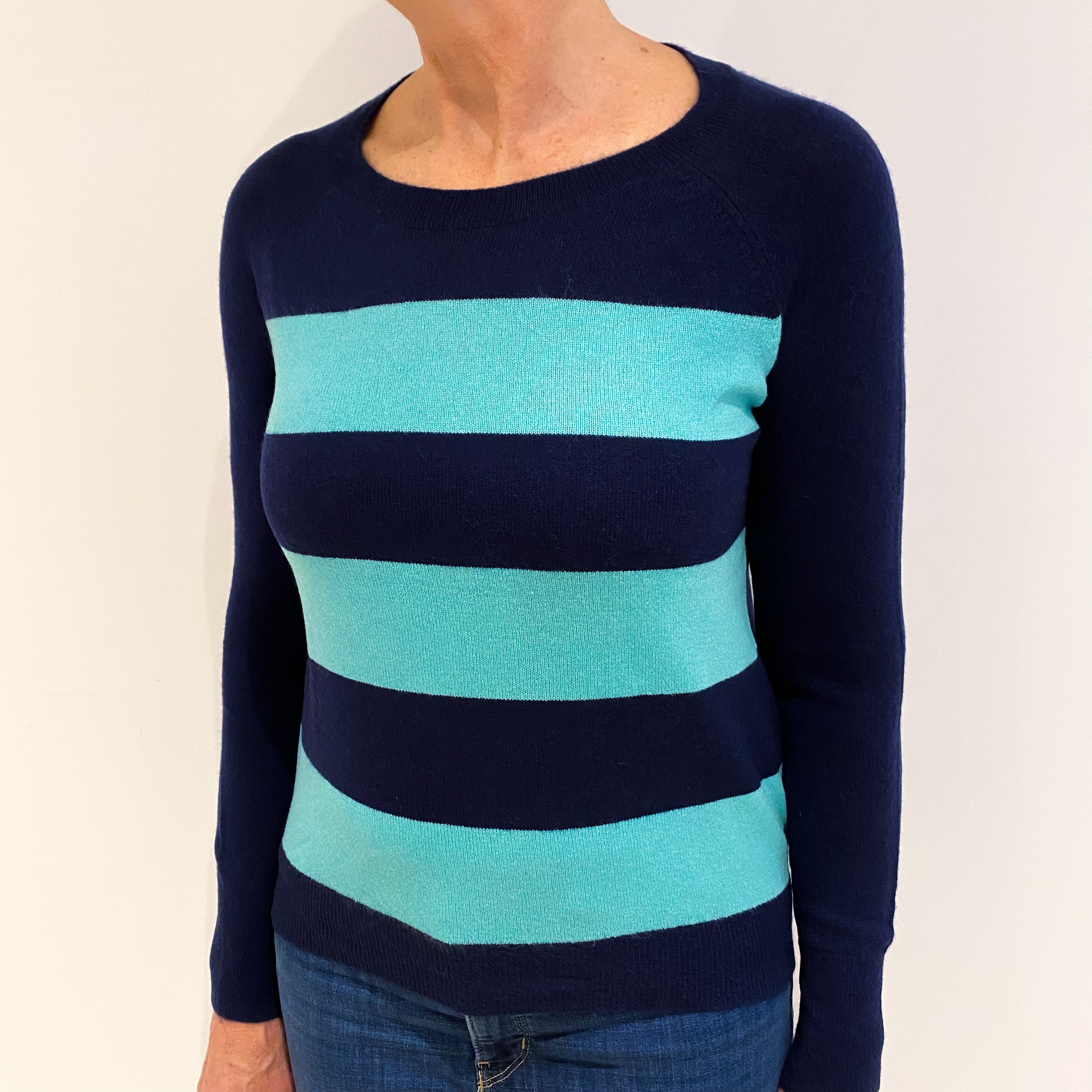 Navy and Mint Stripe Cashmere Crew Neck Jumper Medium