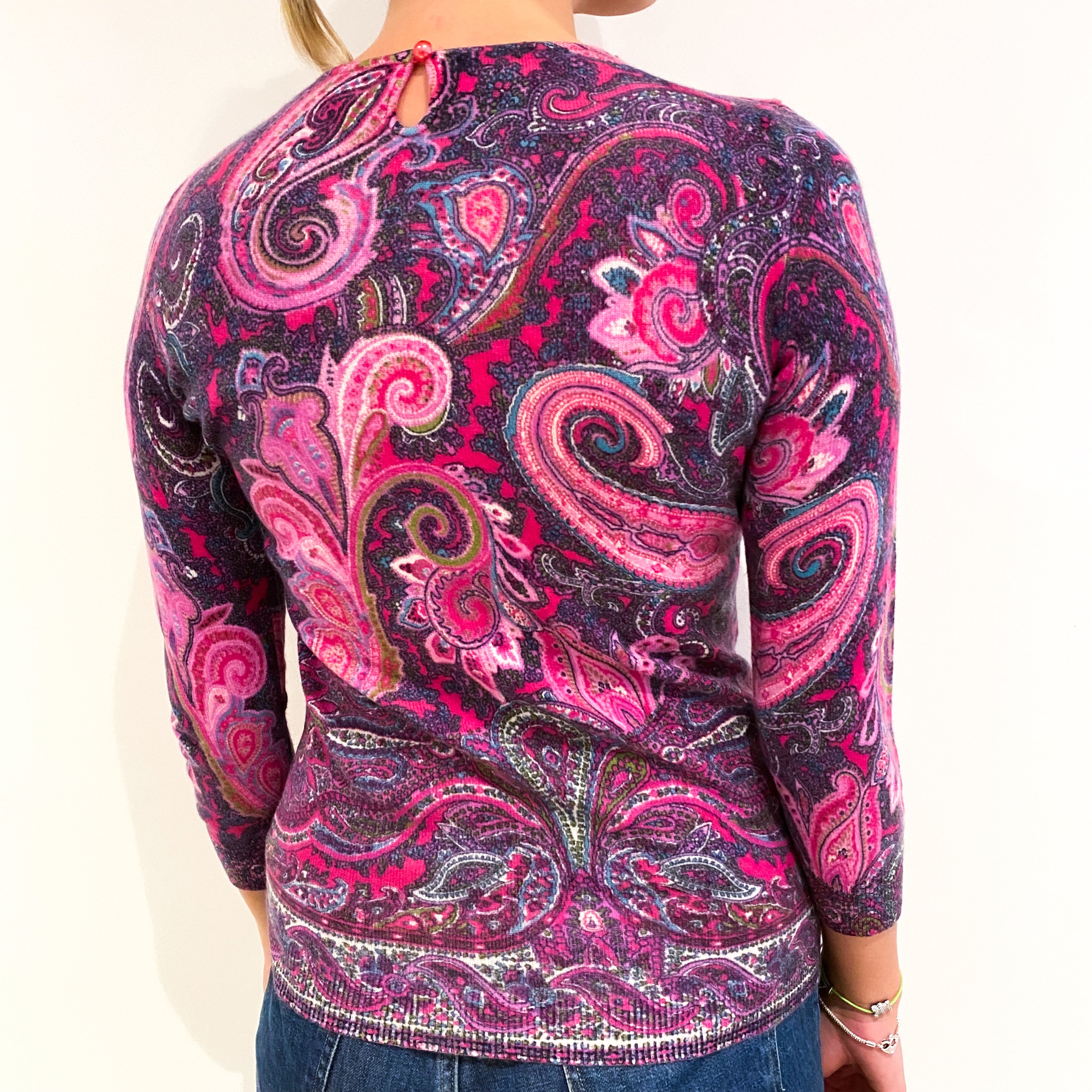 Pink and Purple Paisley Cashmere Crew Neck Jumper Small