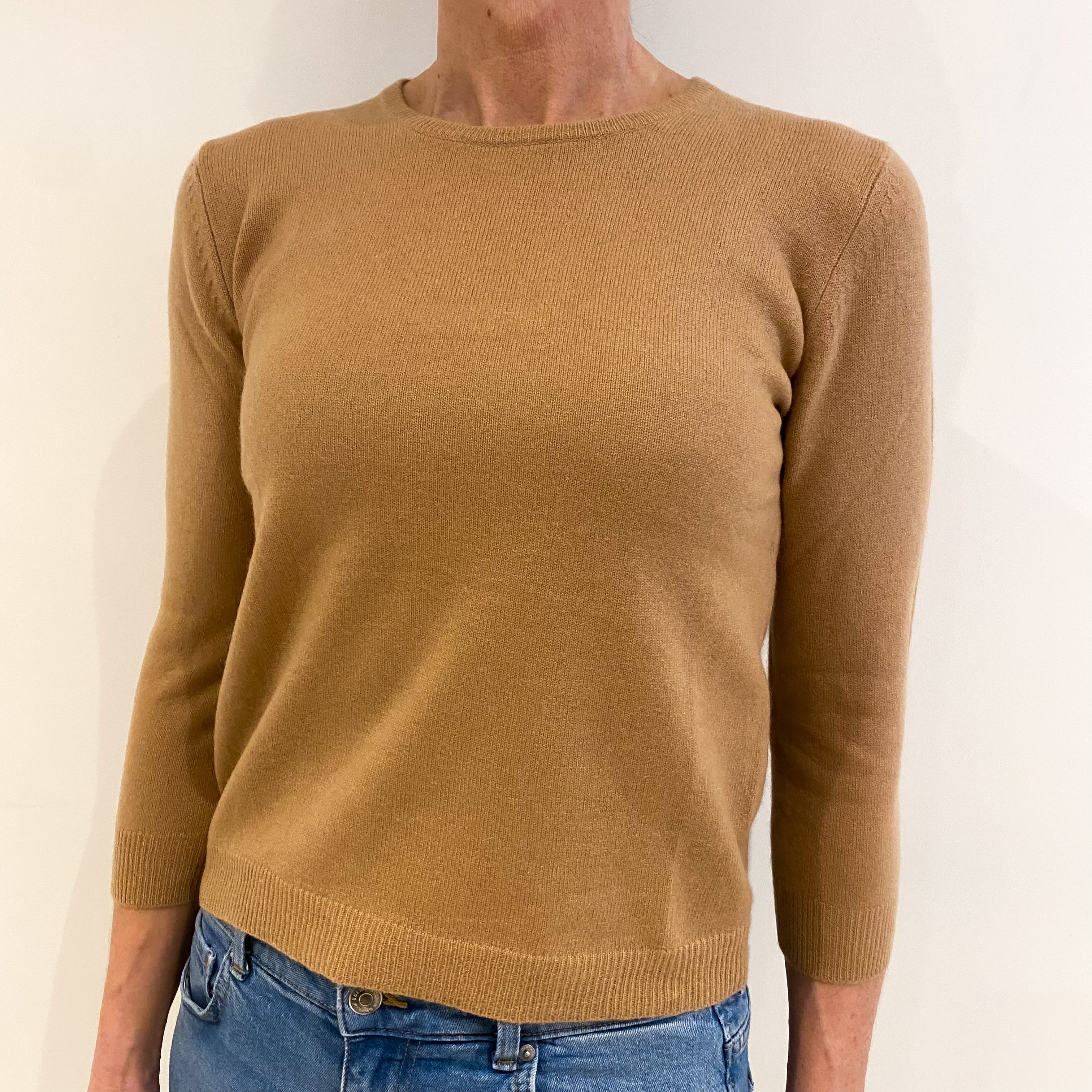Camel Brown 3/4 Sleeve Cashmere Crew Neck Jumper Small