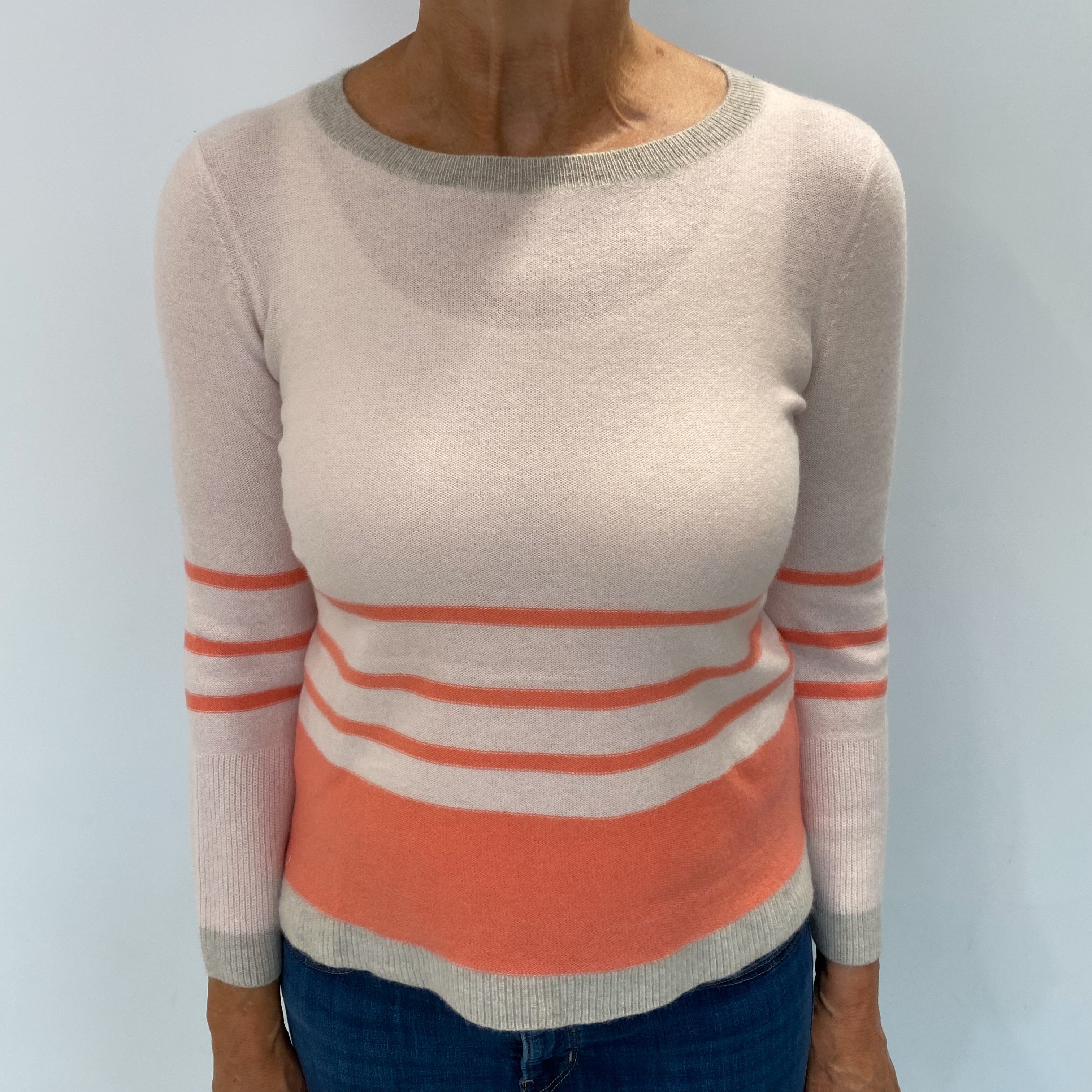 Palest Pink Coral Stripe Cashmere Crew Neck Jumper Medium