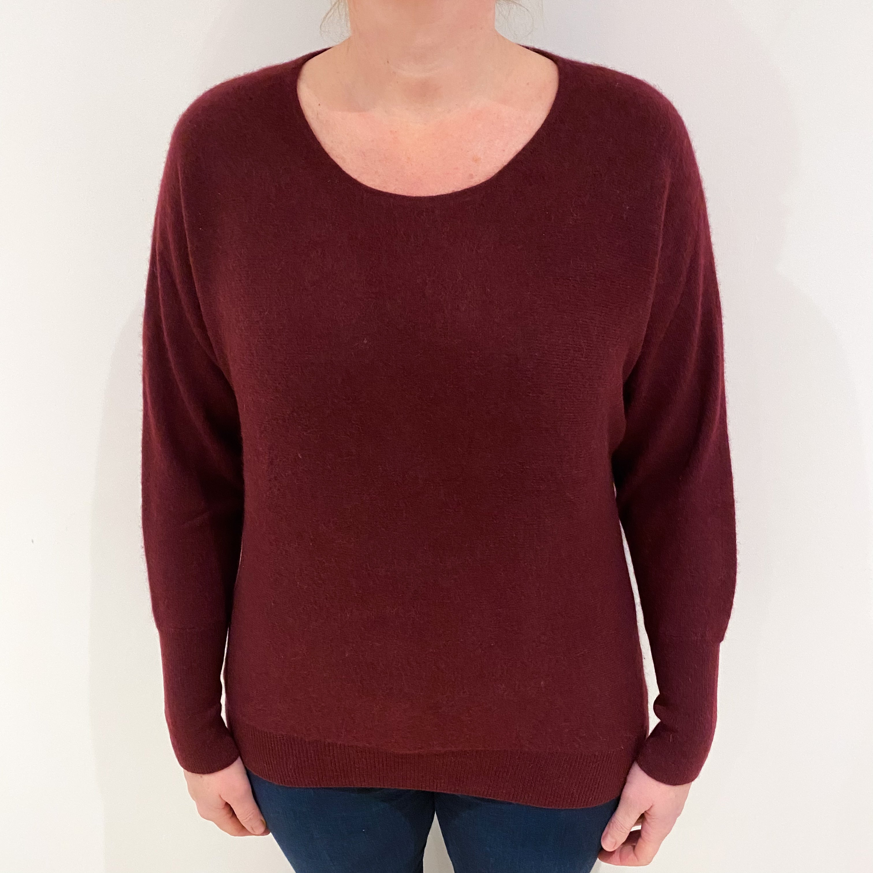 Wine Red Cashmere Deep Crew Neck Jumper Large
