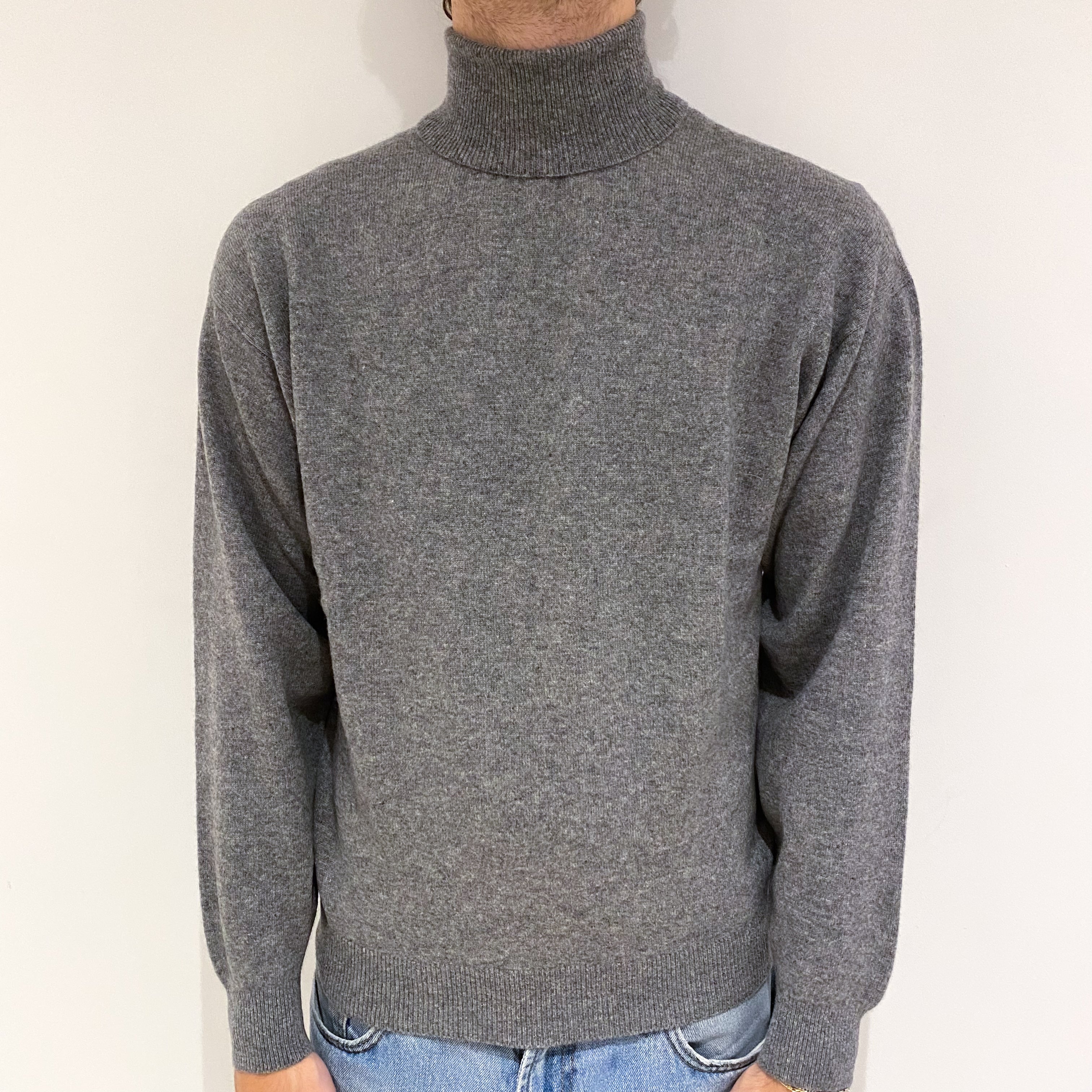 Men's Ash Grey Cashmere Polo Neck Jumper Large
