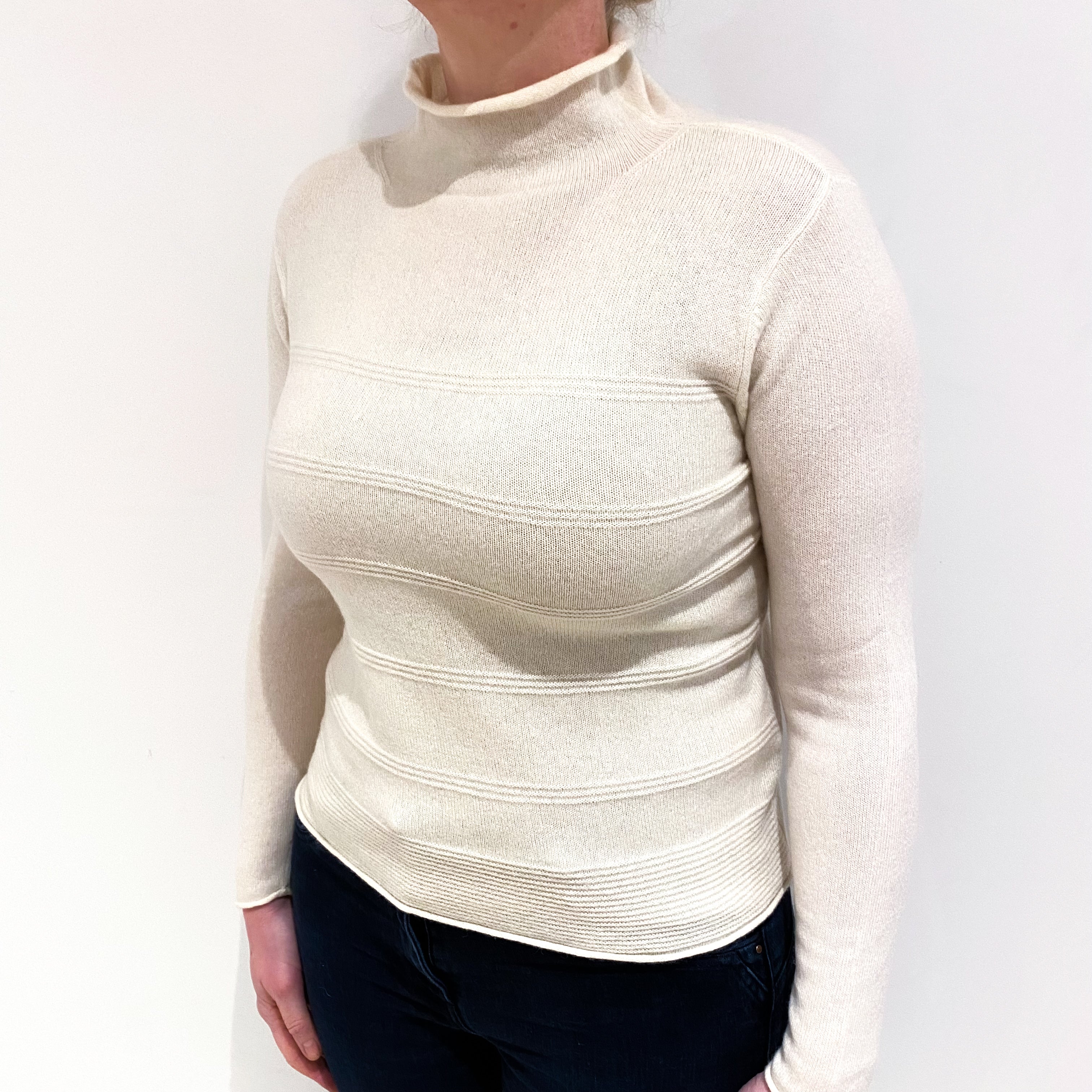 Cream Rib Detail Cashmere Funnel Neck Jumper Large