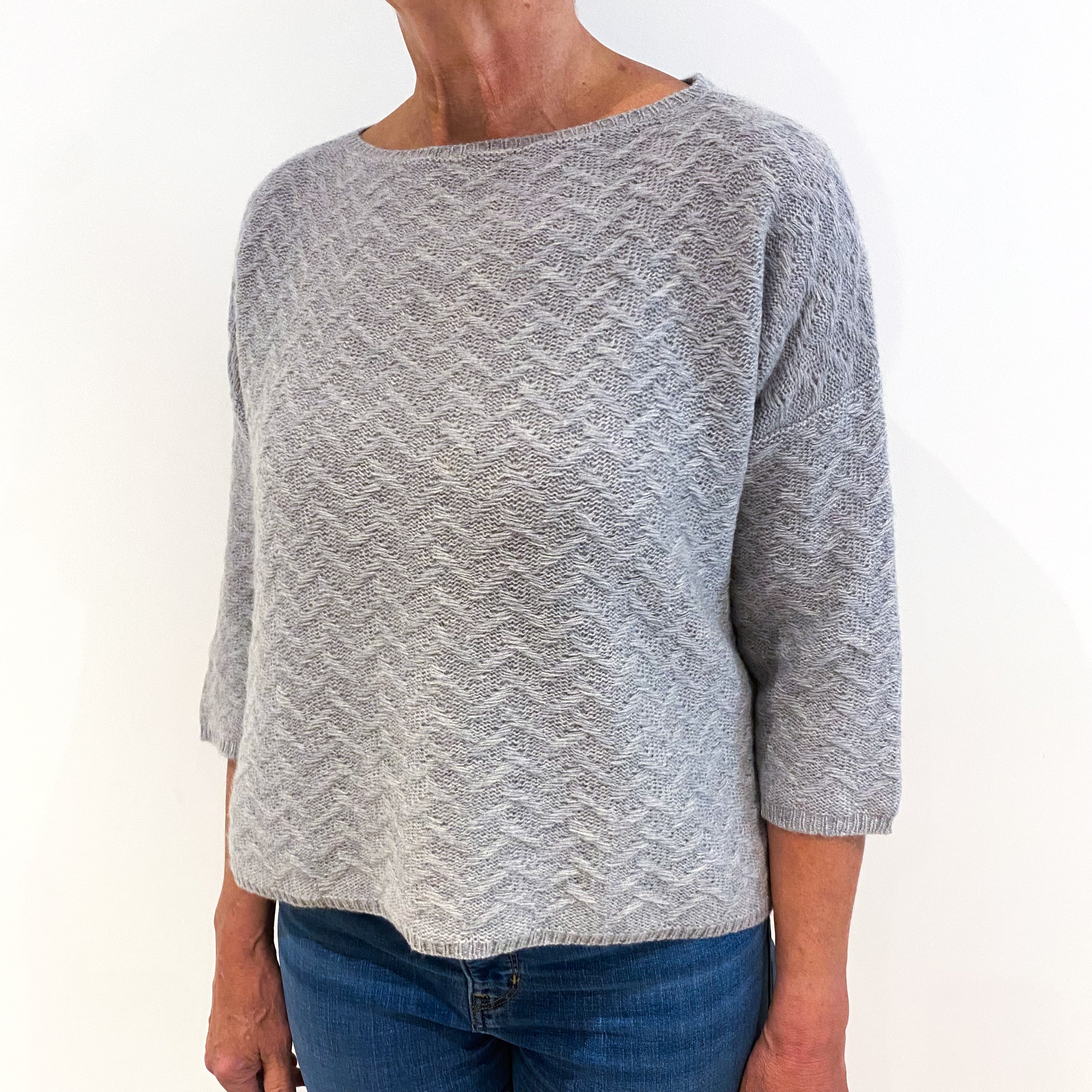 Smoke Grey Loose Fancy Knit Cashmere Crew Neck Jumper Medium