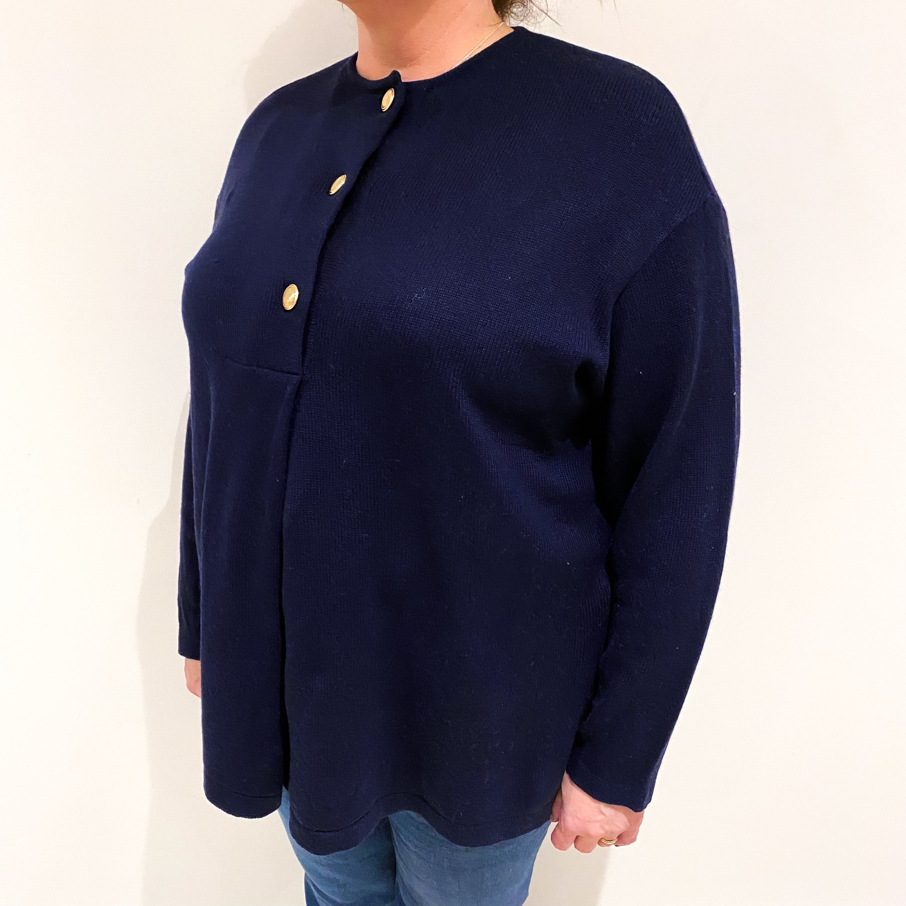 Gianfranco Ferre Navy Cashmere Buttoned Crew Neck Jumper Extra Large