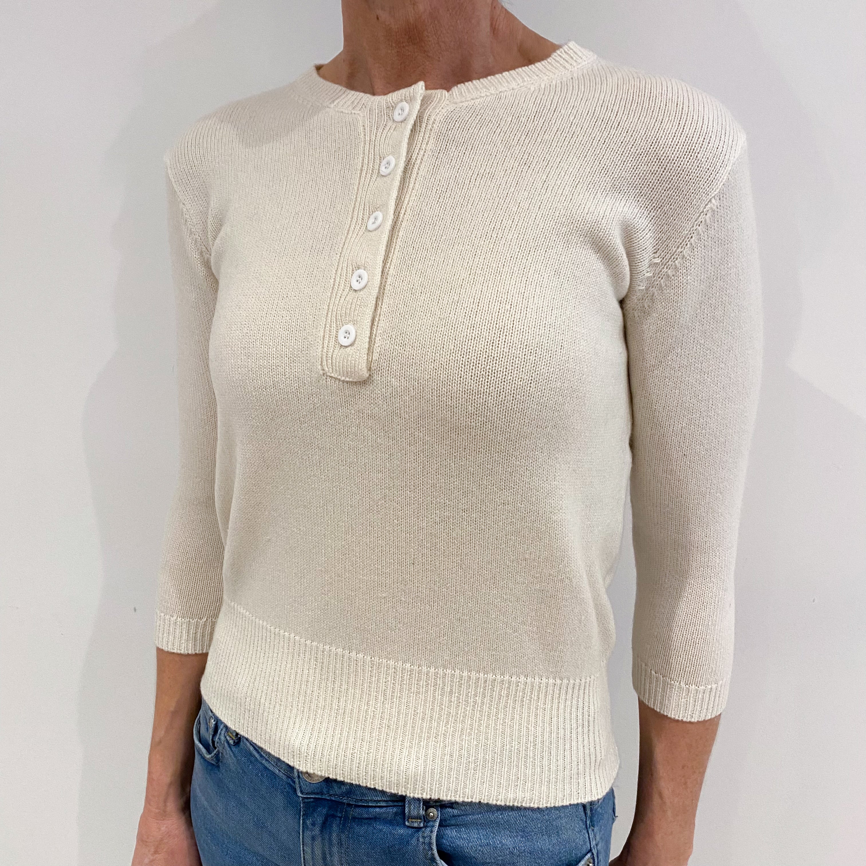 Cream Heavy Knit Cashmere Button Crew Neck Jumper Small