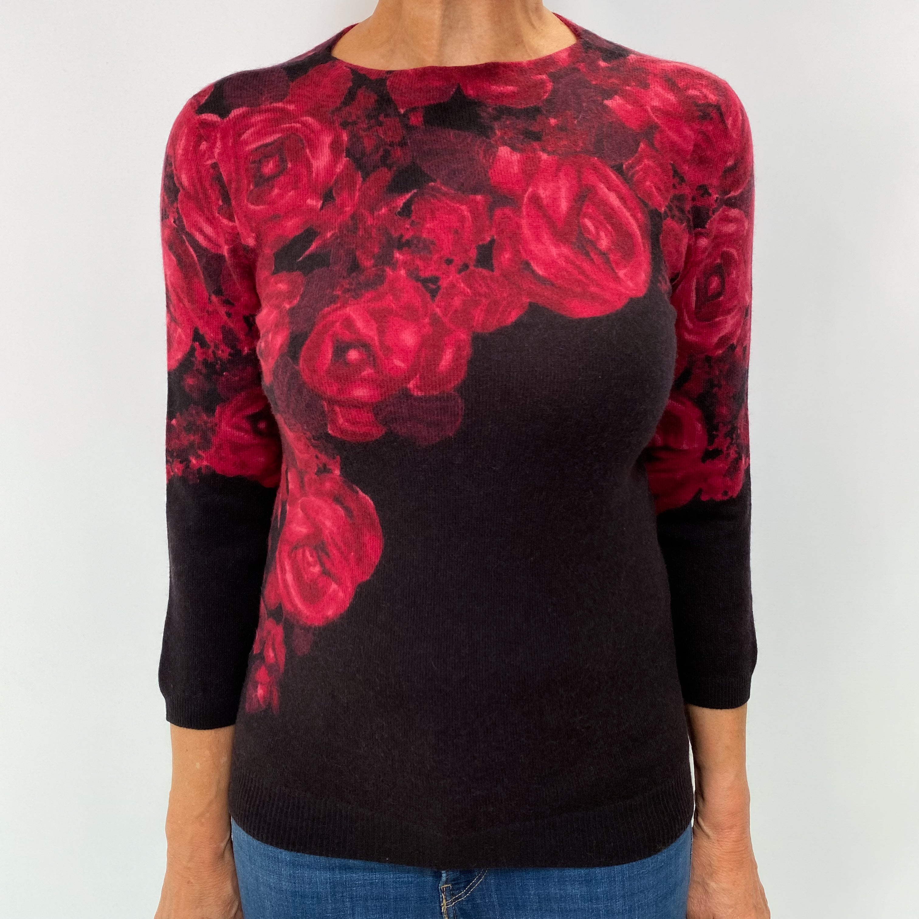 Black and Cranberry Pink Cashmere Crew Neck Jumper Medium
