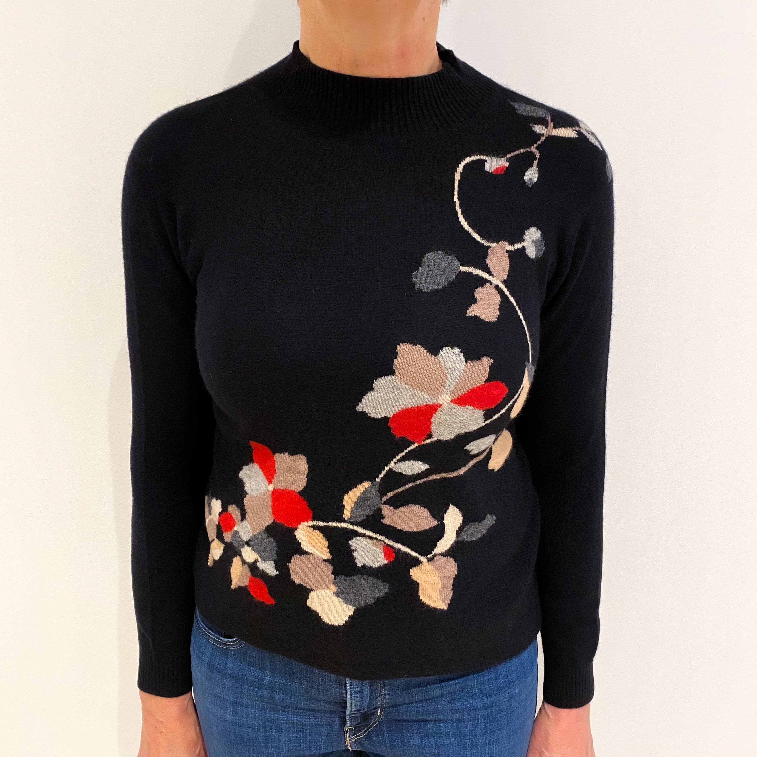 Black Floral Cashmere Turtle Neck Jumper Medium