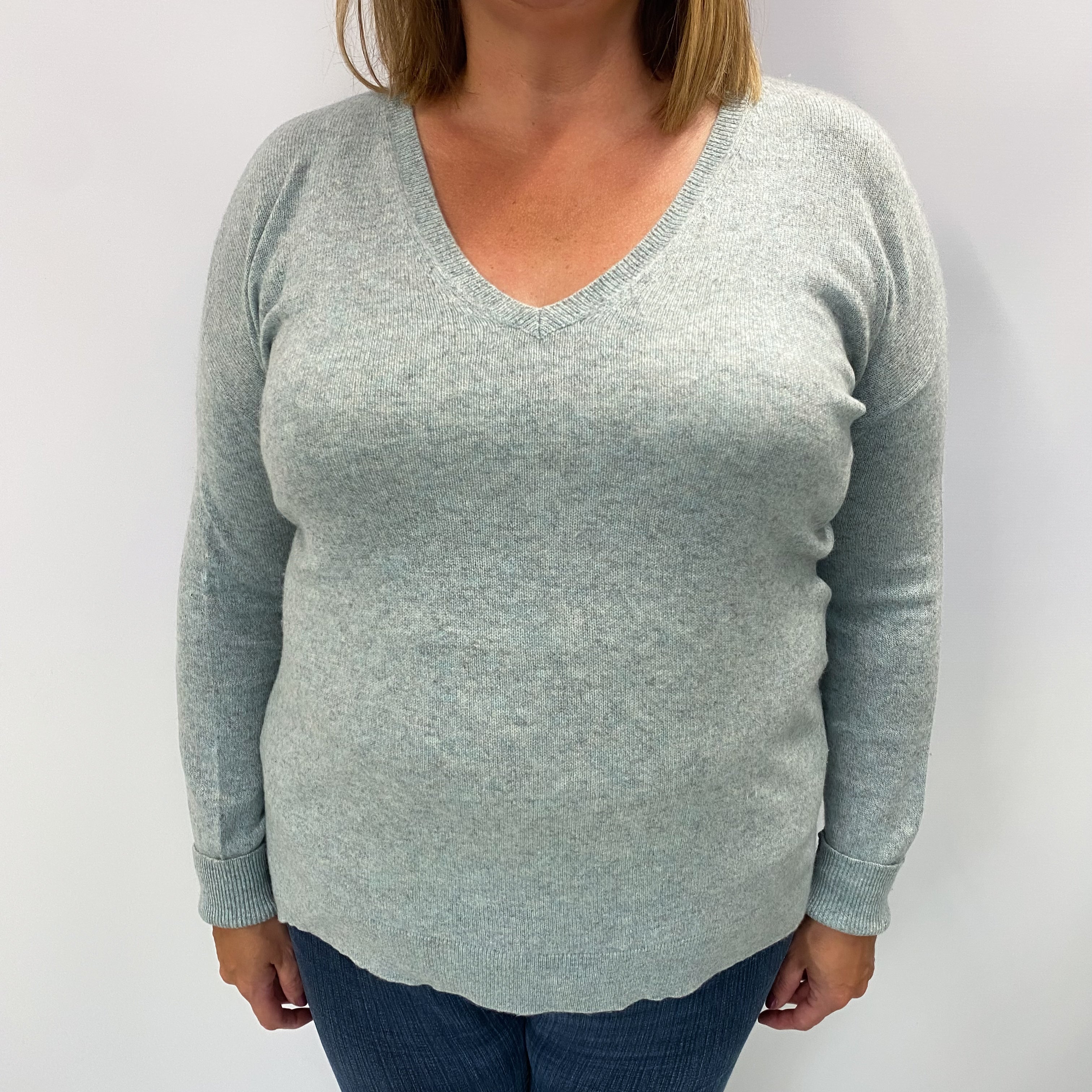 Duck Egg Marl Cashmere V Neck Jumper Extra Large
