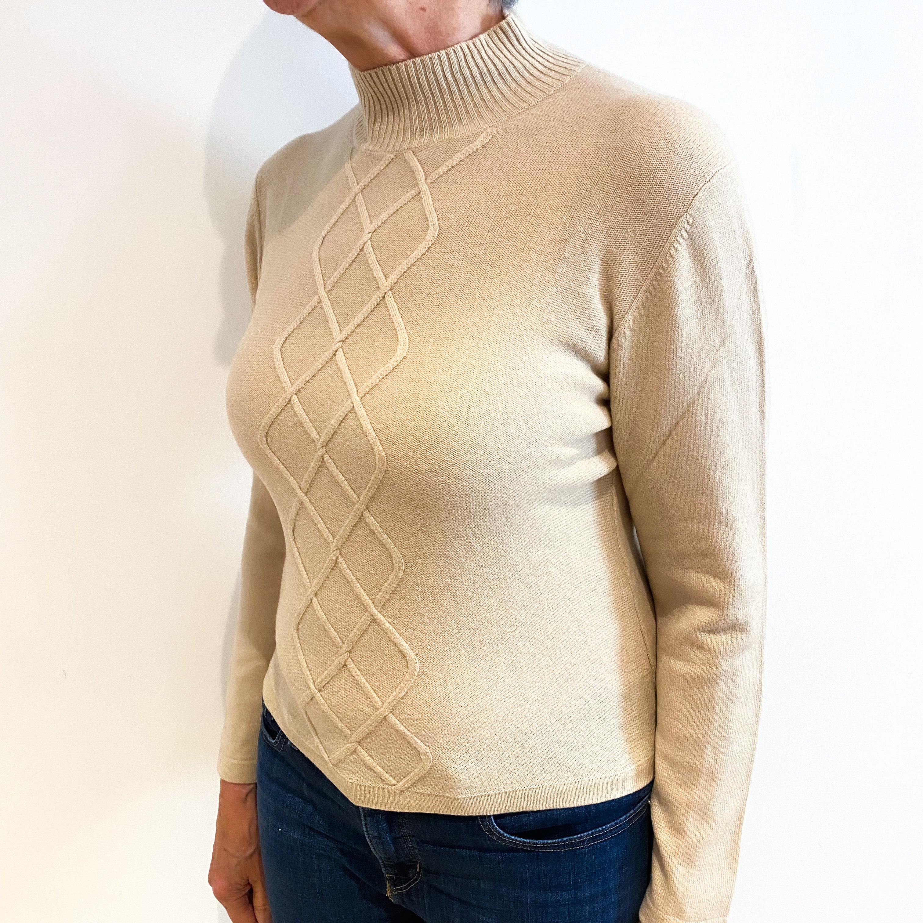 Oatmeal Beige Cashmere Turtle Neck Jumper Medium