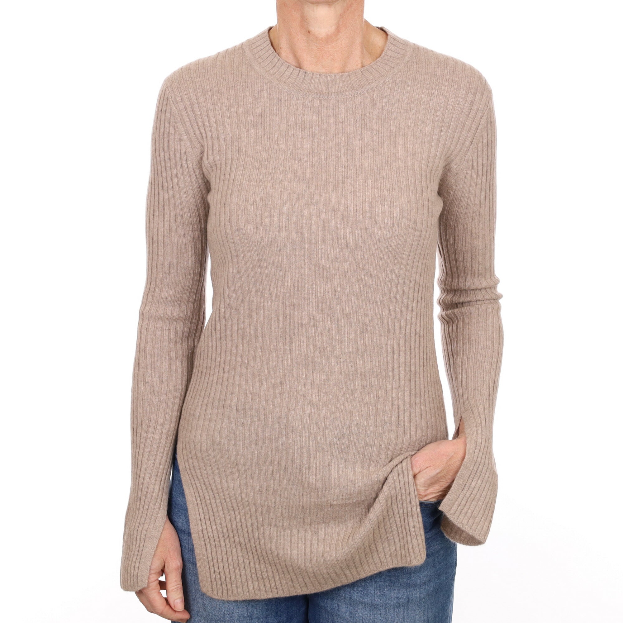 Biscuit Beige Rib Cashmere Crew Neck Jumper Small