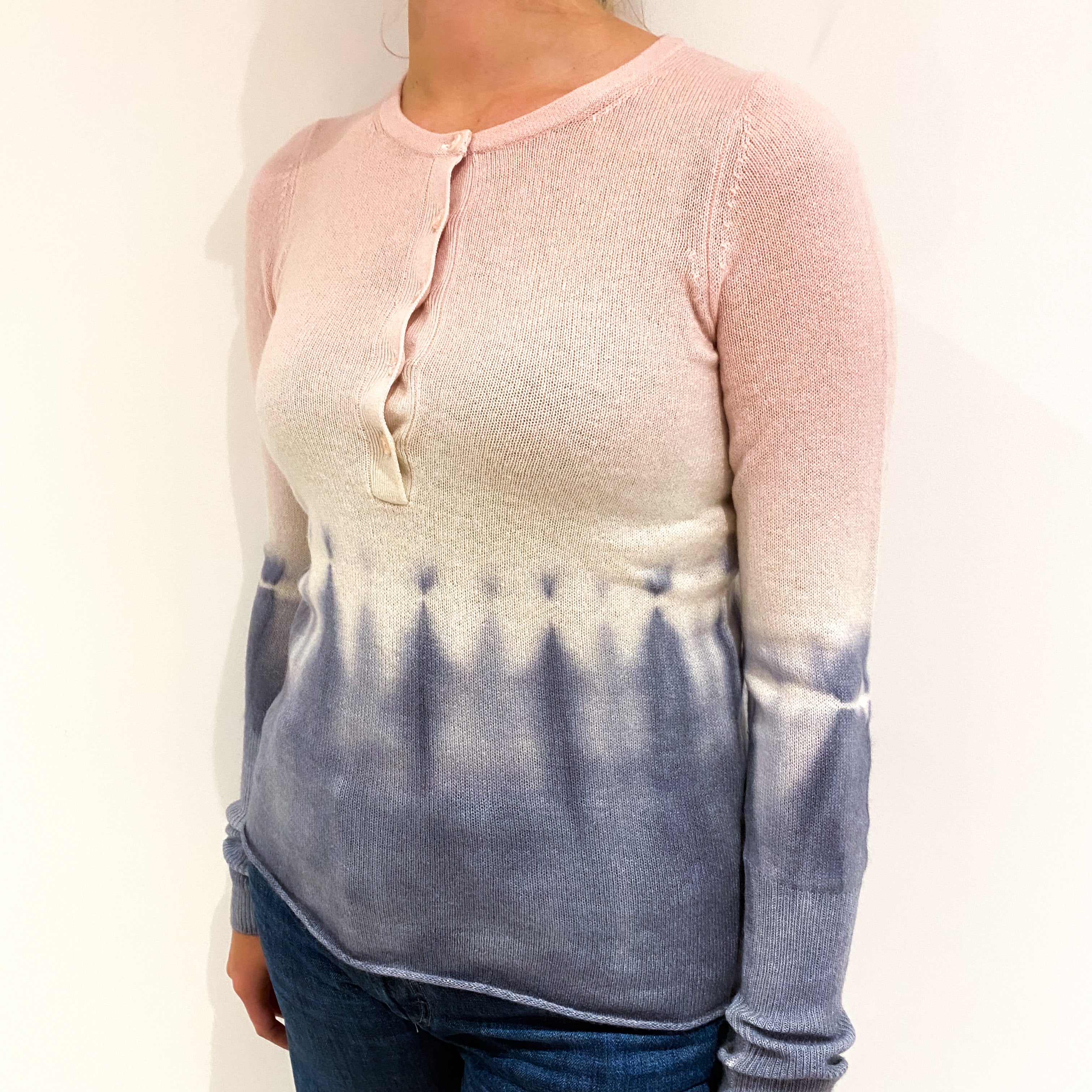 Grey and Pink Tie Dye Lightweight Cashmere Crew Neck Small