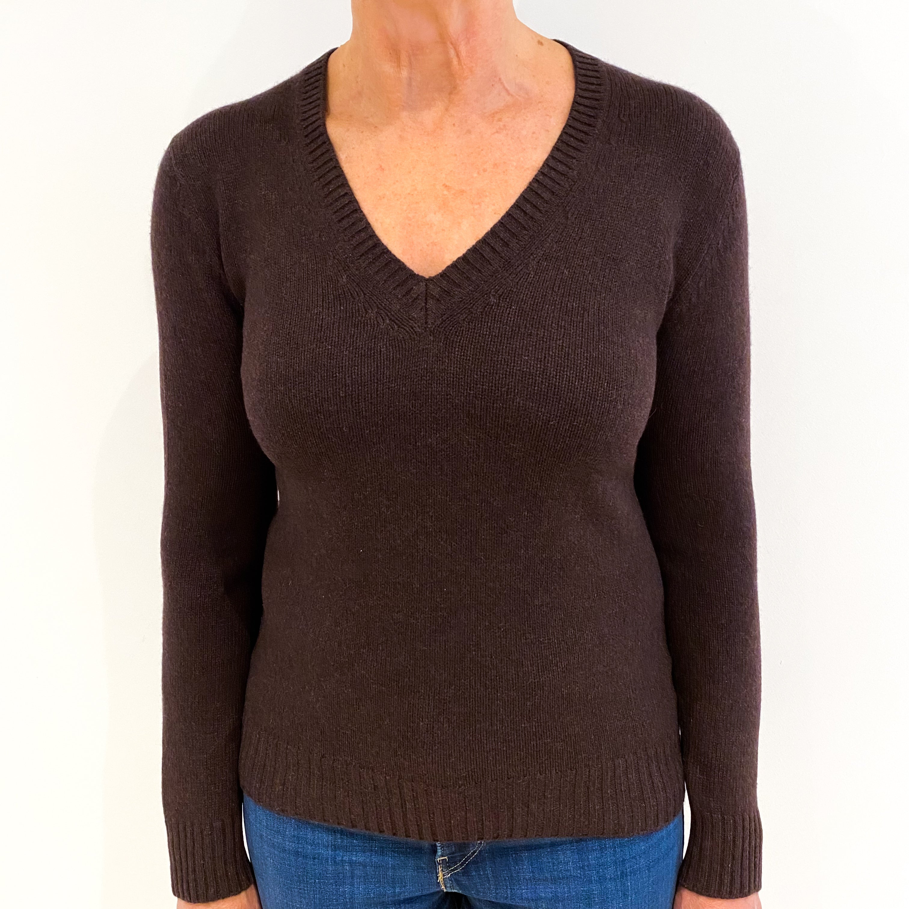 Chocolate Brown Cashmere V-Neck Jumper Medium