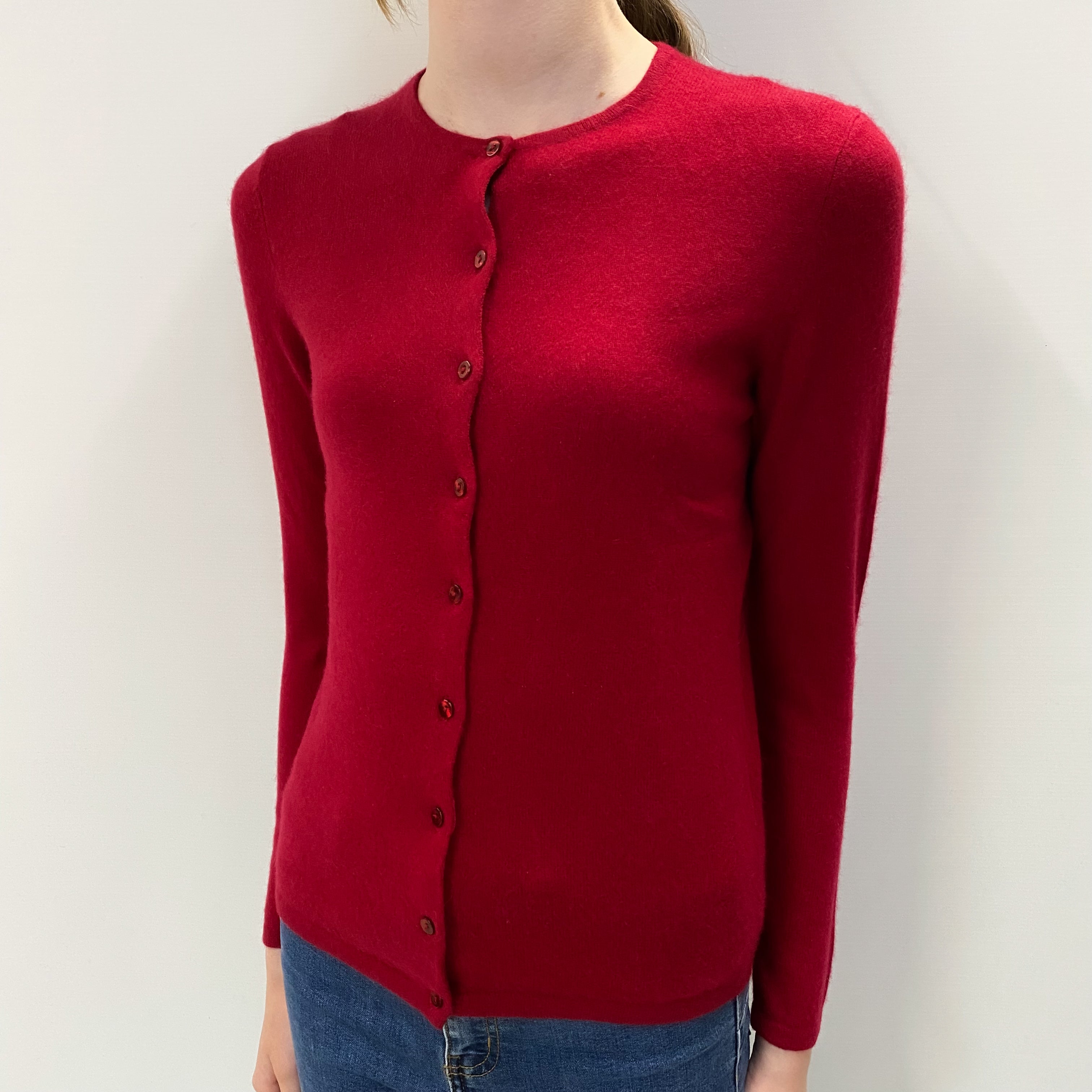 Ruby Red Cashmere Crew Neck Cardigan Extra Small