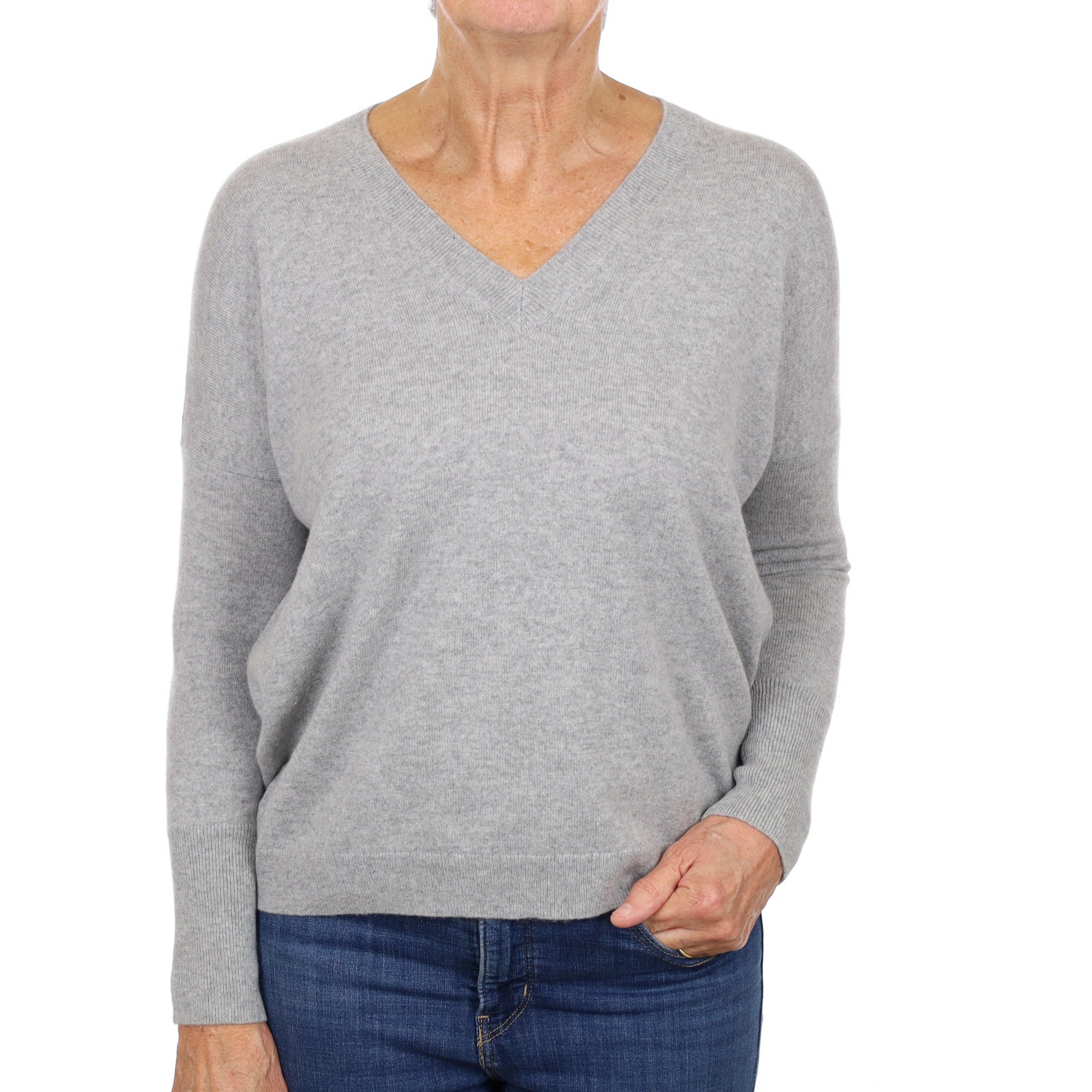 Smoke Grey Cashmere V Neck Jumper Medium