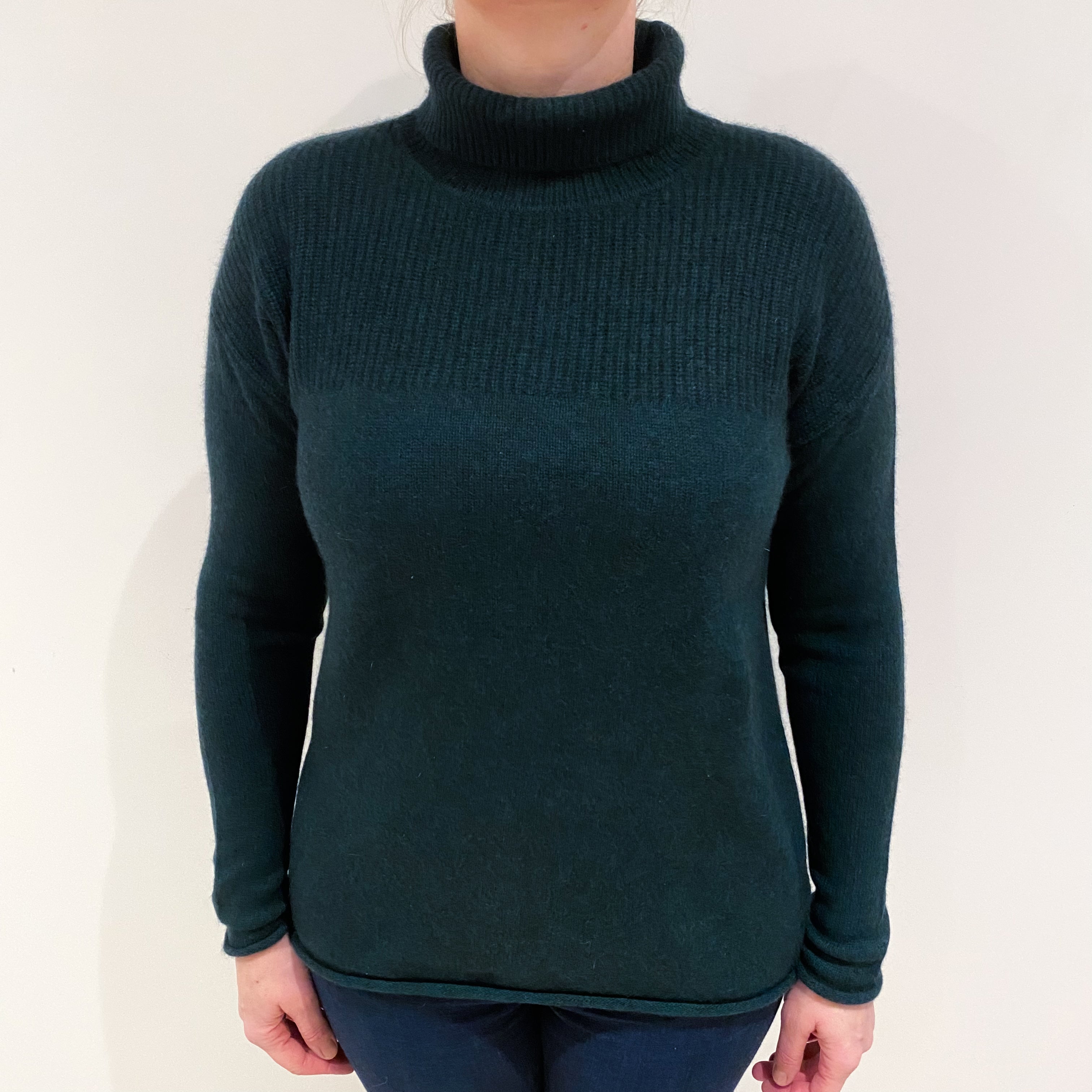 Bottle Green Chunky Cashmere Polo Neck Jumper Large