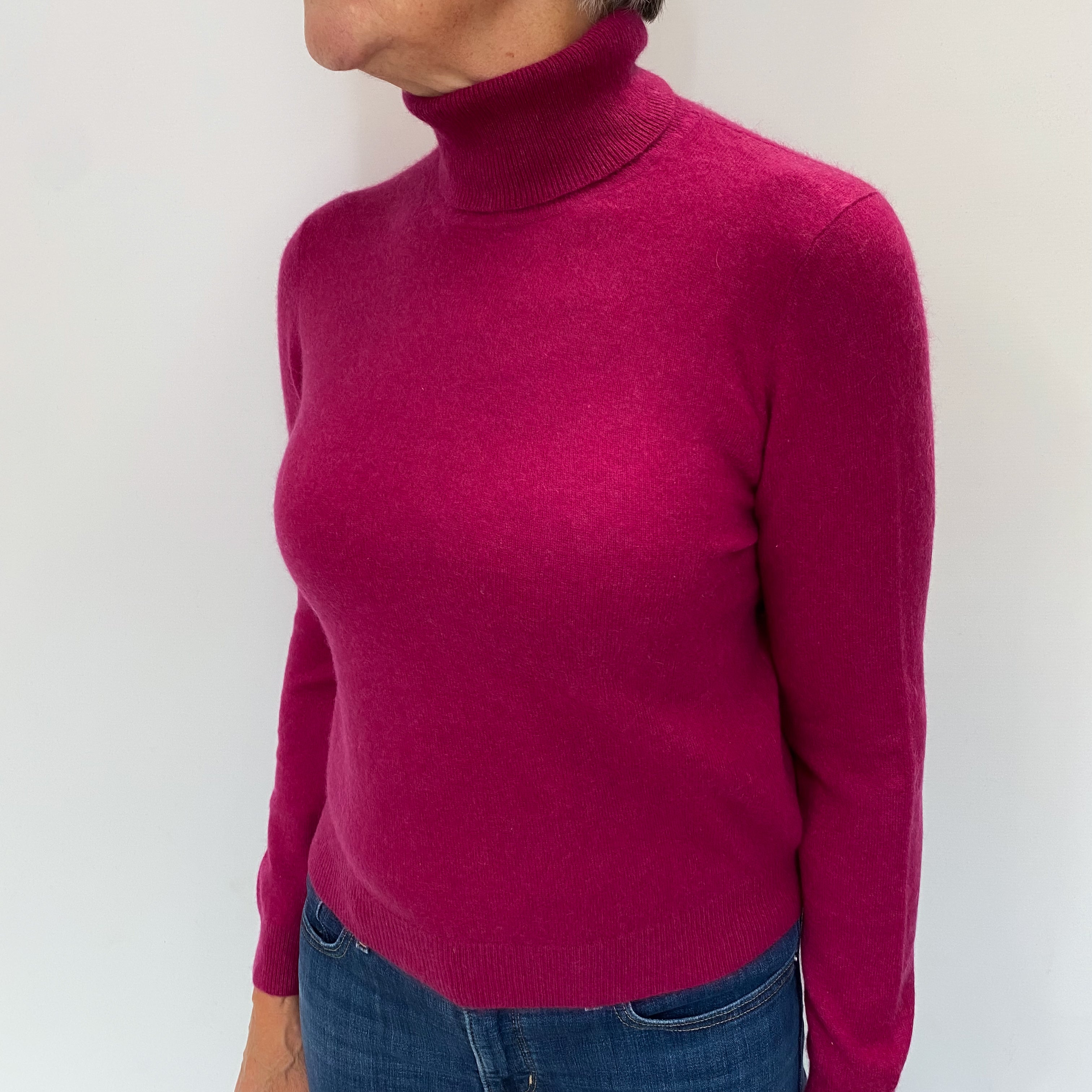 Fuschia Pink Cashmere Polo Neck Jumper Medium