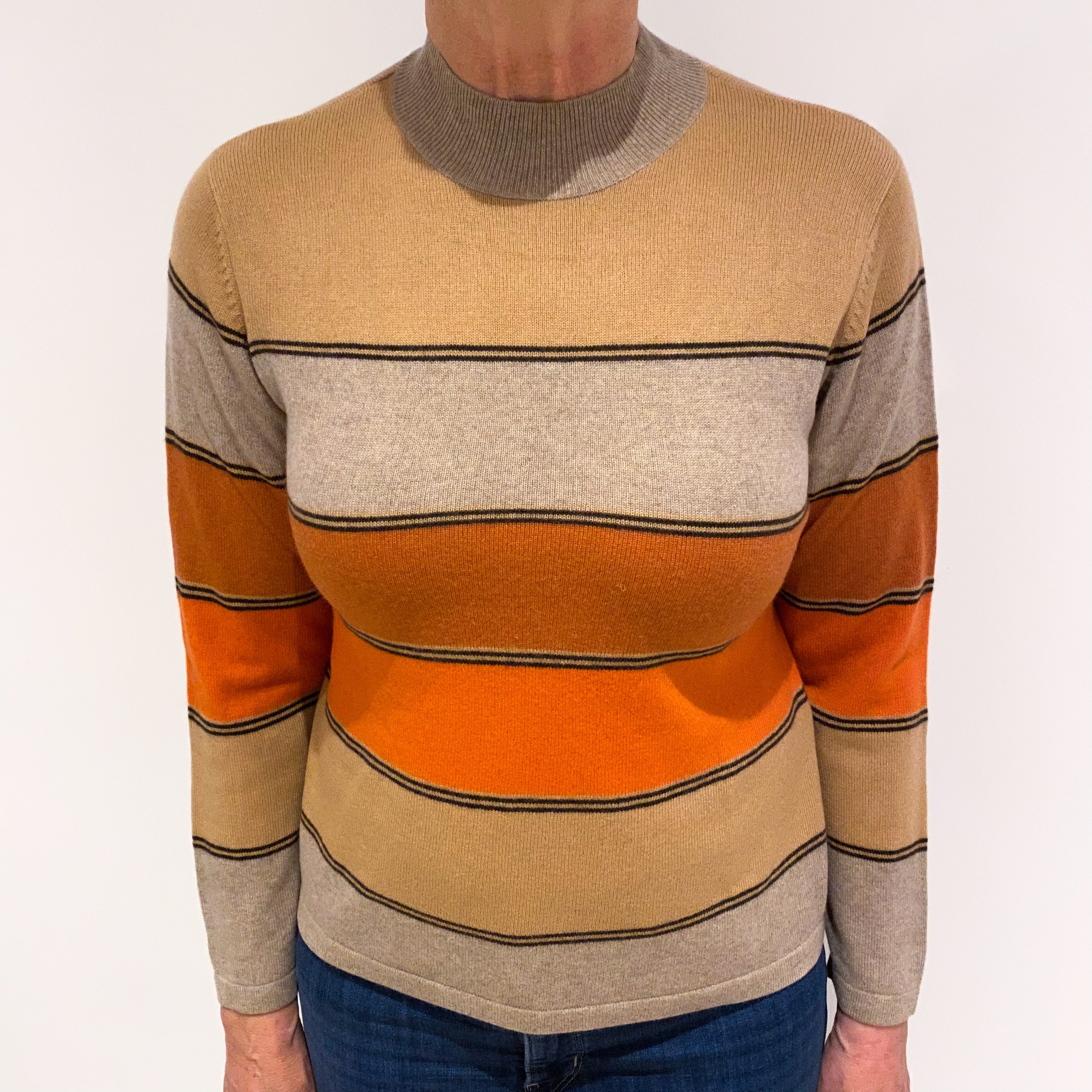 Biscuit Beige, Camel and Paprika Striped Cashmere Turtle Neck Jumper Medium