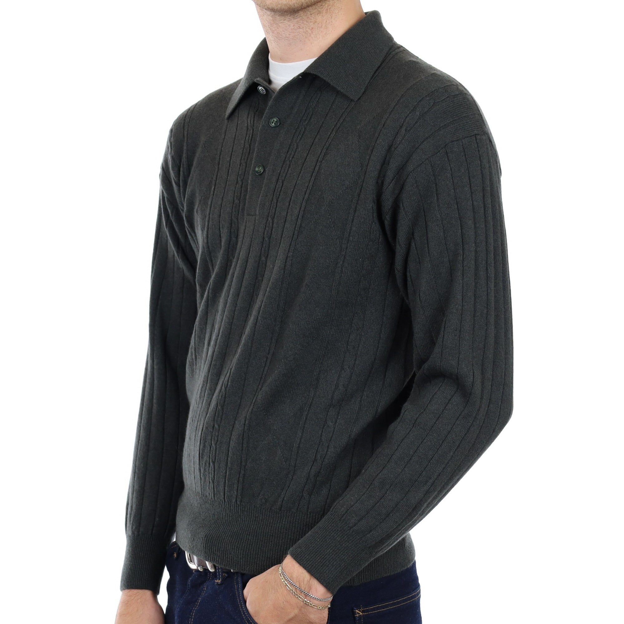 Men's Forest Green Cashmere Collared 1/4 Button Neck Jumper Medium