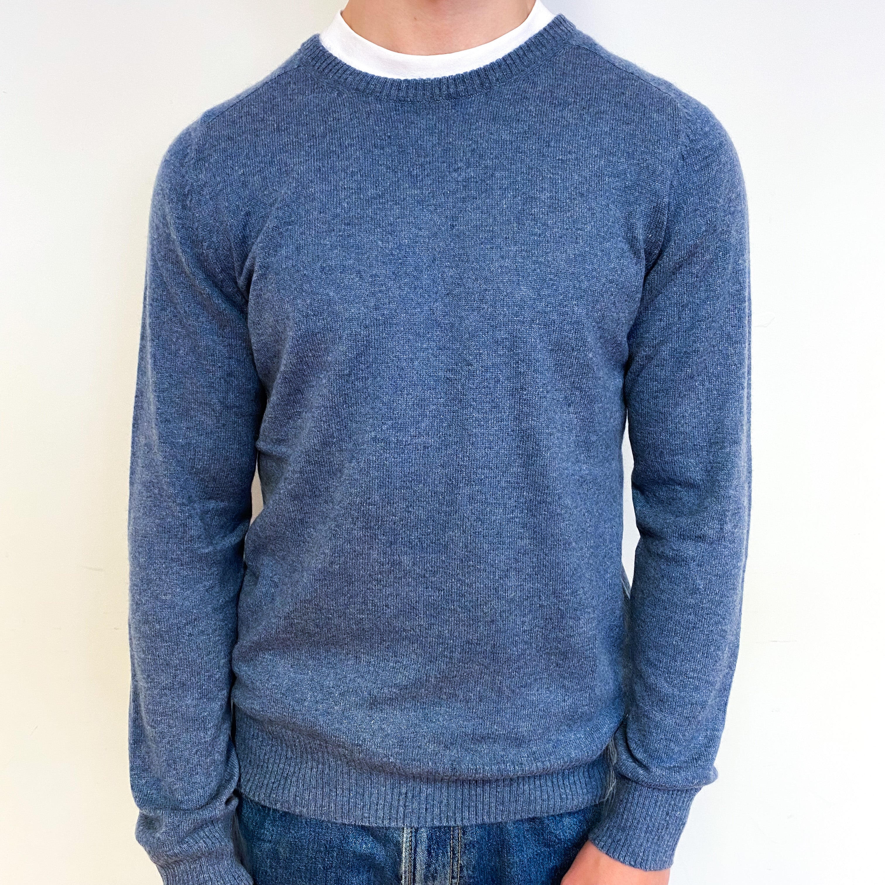 Men's Denim Blue Cashmere Crew Neck Jumper Small