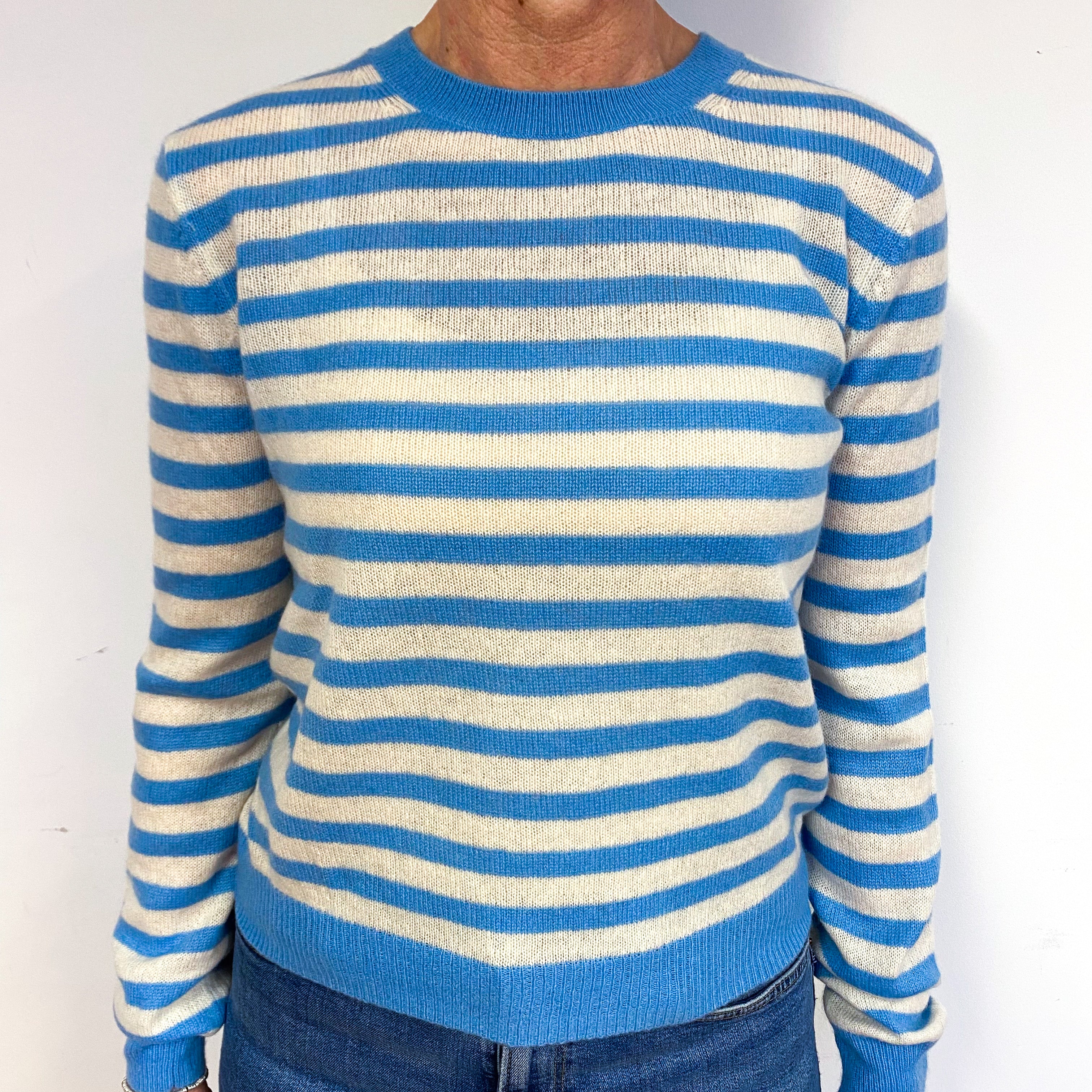 Sky Blue And Cream Cashmere Crew Neck Jumper Medium