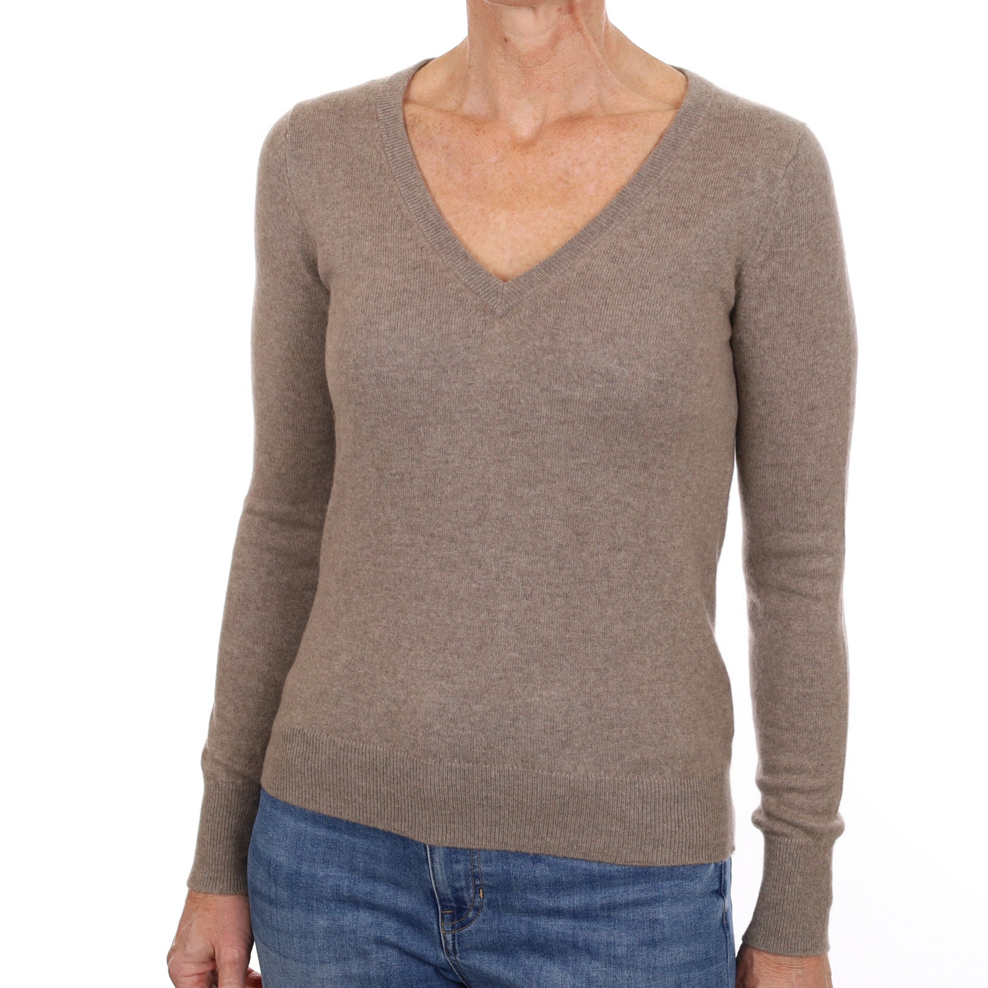 Taupe Brown Cashmere V Neck Jumper Small