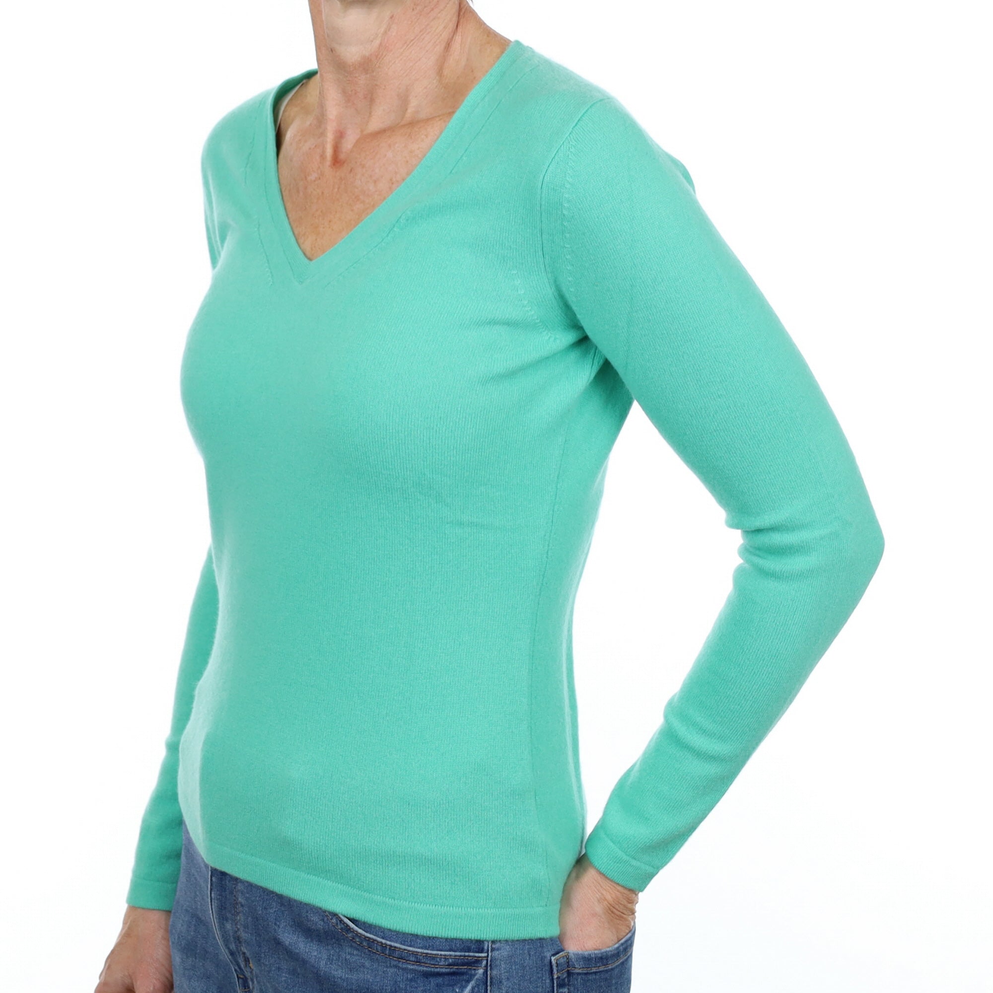 New Deep Mint Green Cashmere V Neck Jumper Small