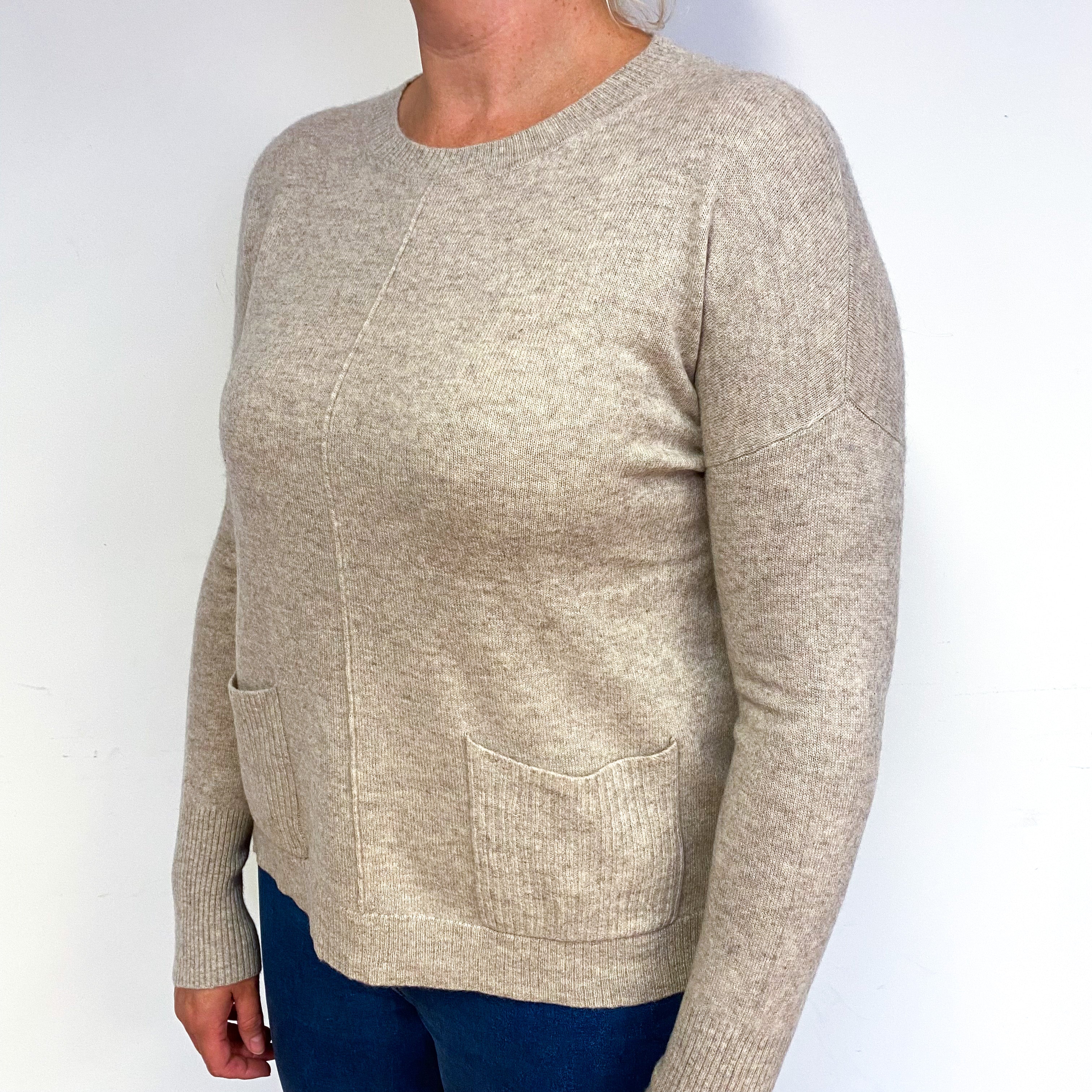 Biscuit Brown Cashmere Crew Neck Jumper with Pockets Large