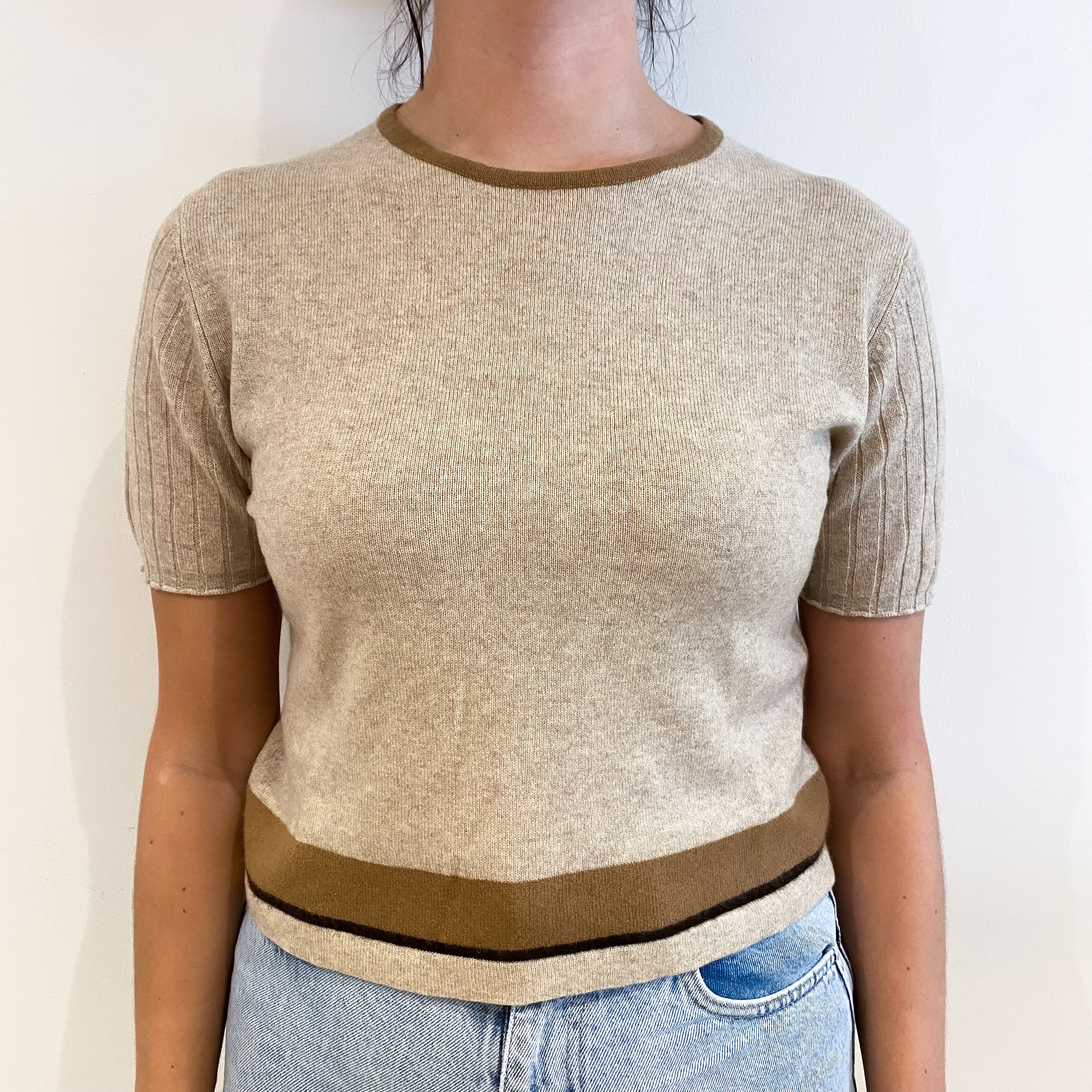 Honey Beige With Brown Trim Cashmere Crew Neck Short Sleeved Jumper Small