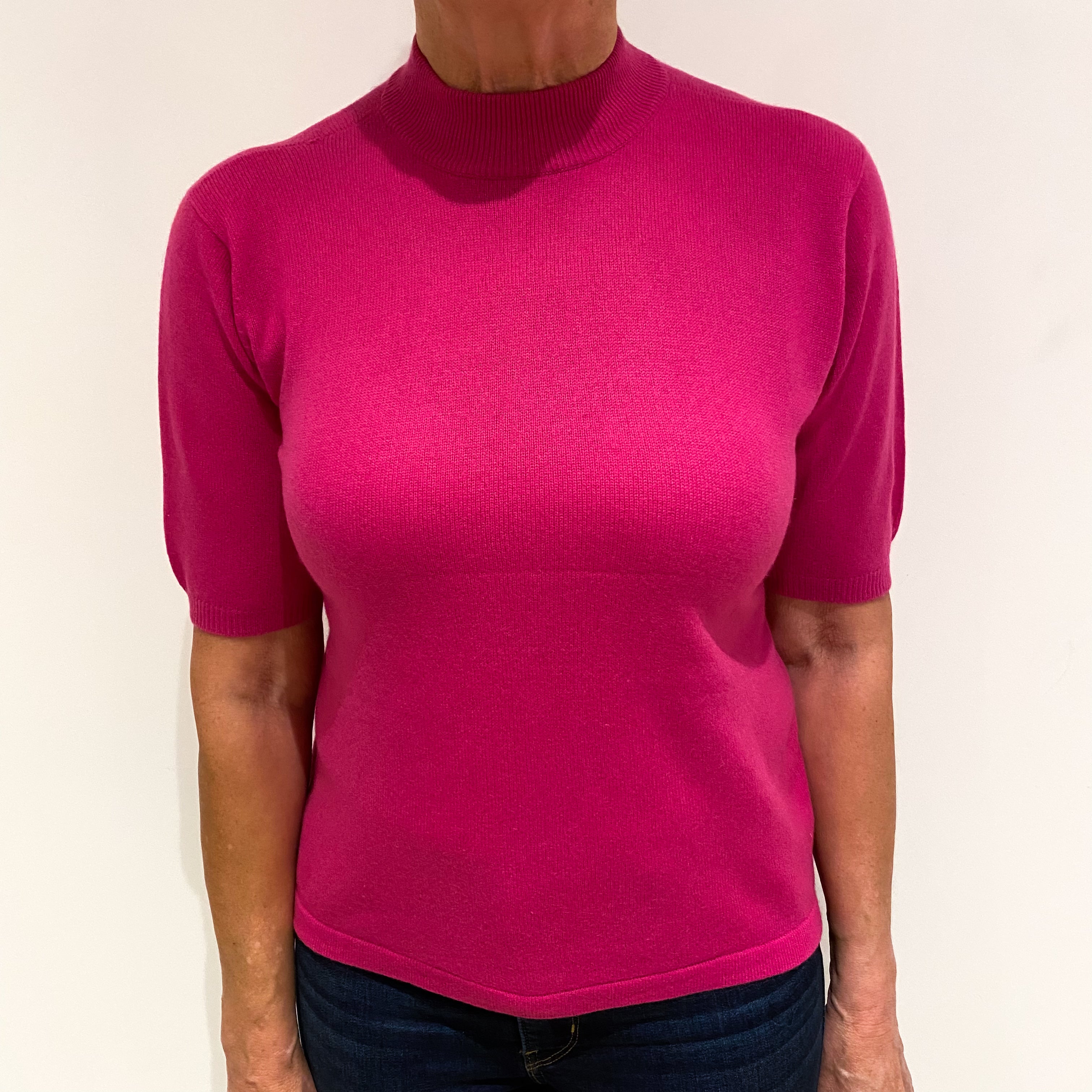 Hot Pink Cashmere Short Sleeve Turtle Neck Jumper Medium