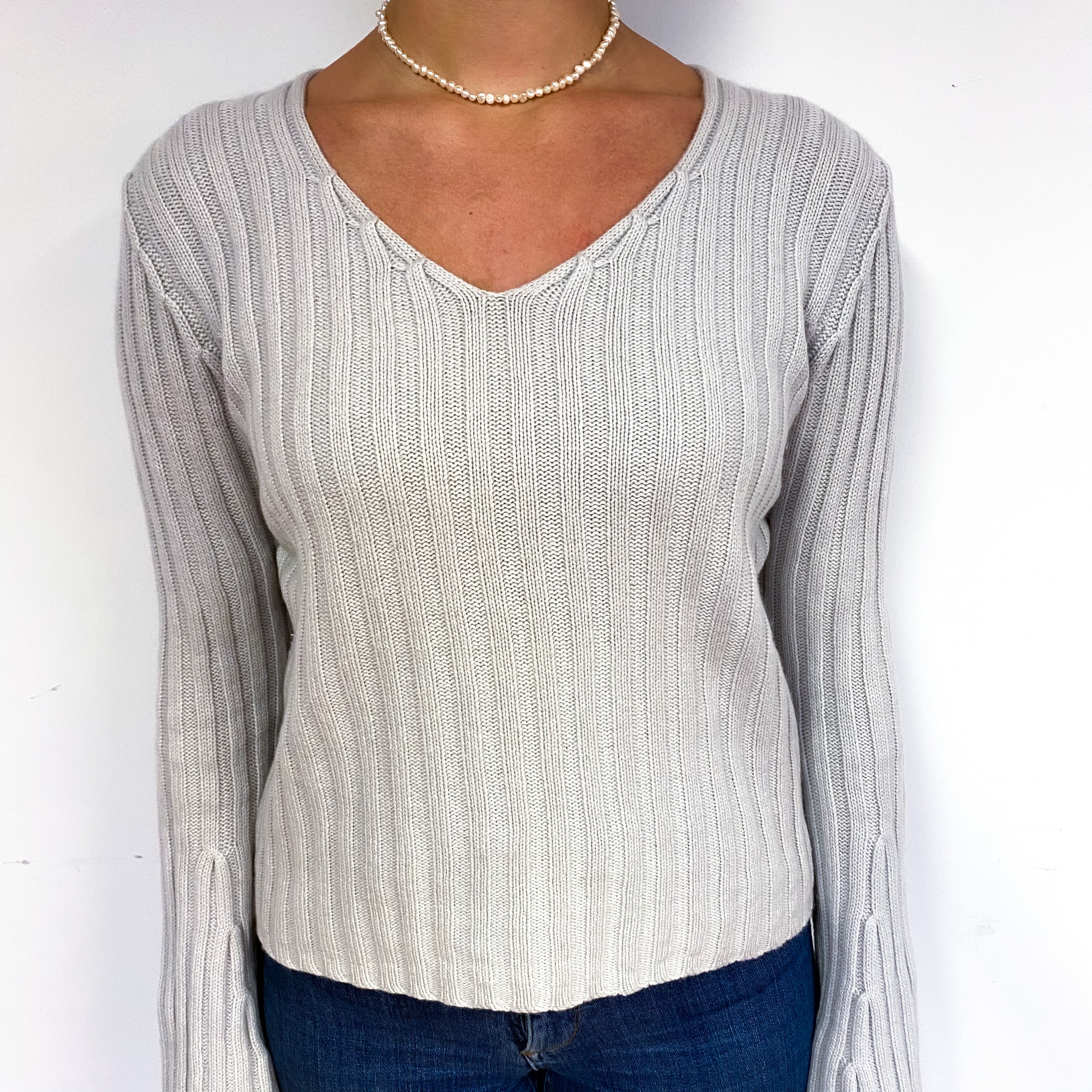 Ivory Grey Chunky Cashmere V-Neck Jumper Small