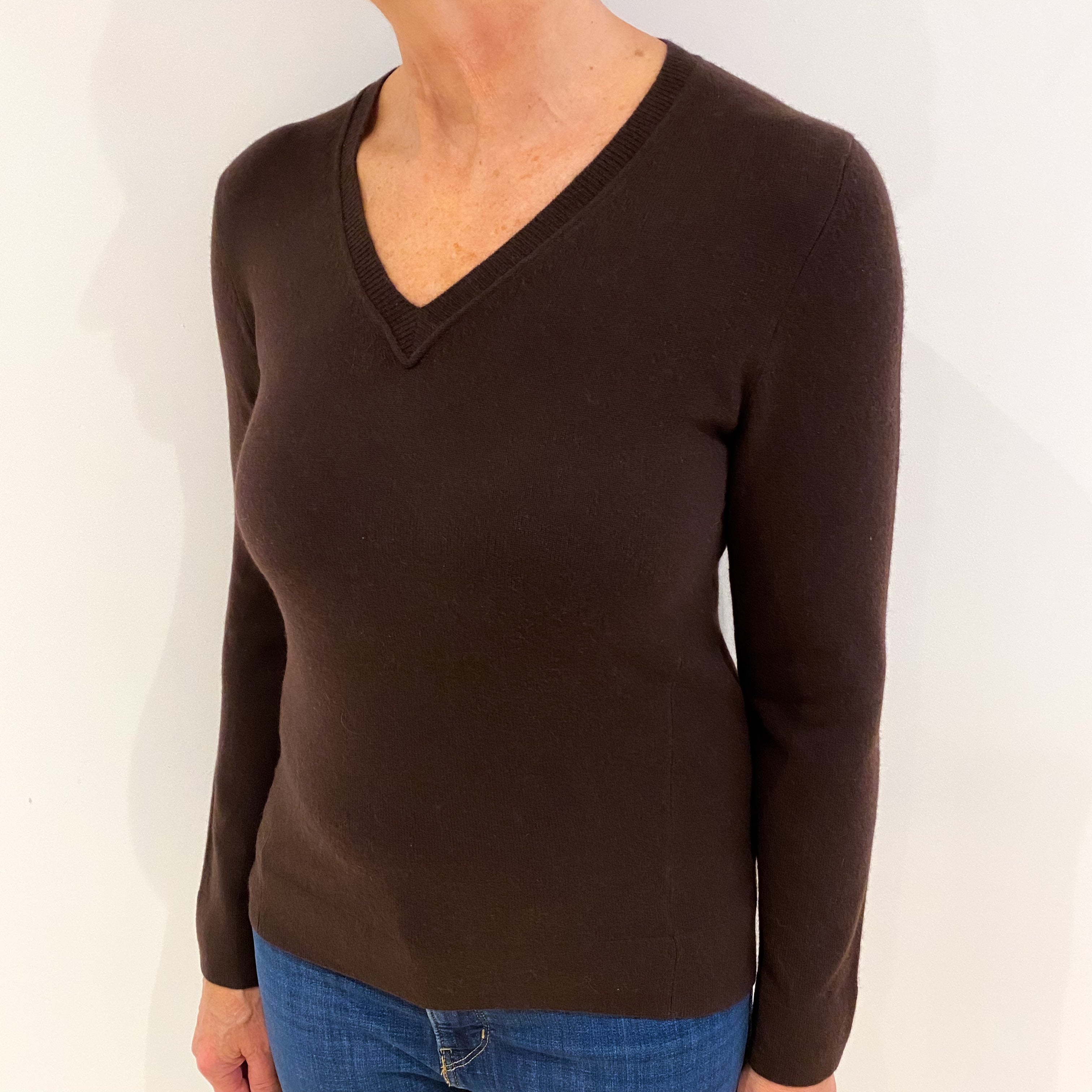 Chocolate Brown Cashmere V Neck Jumper Medium