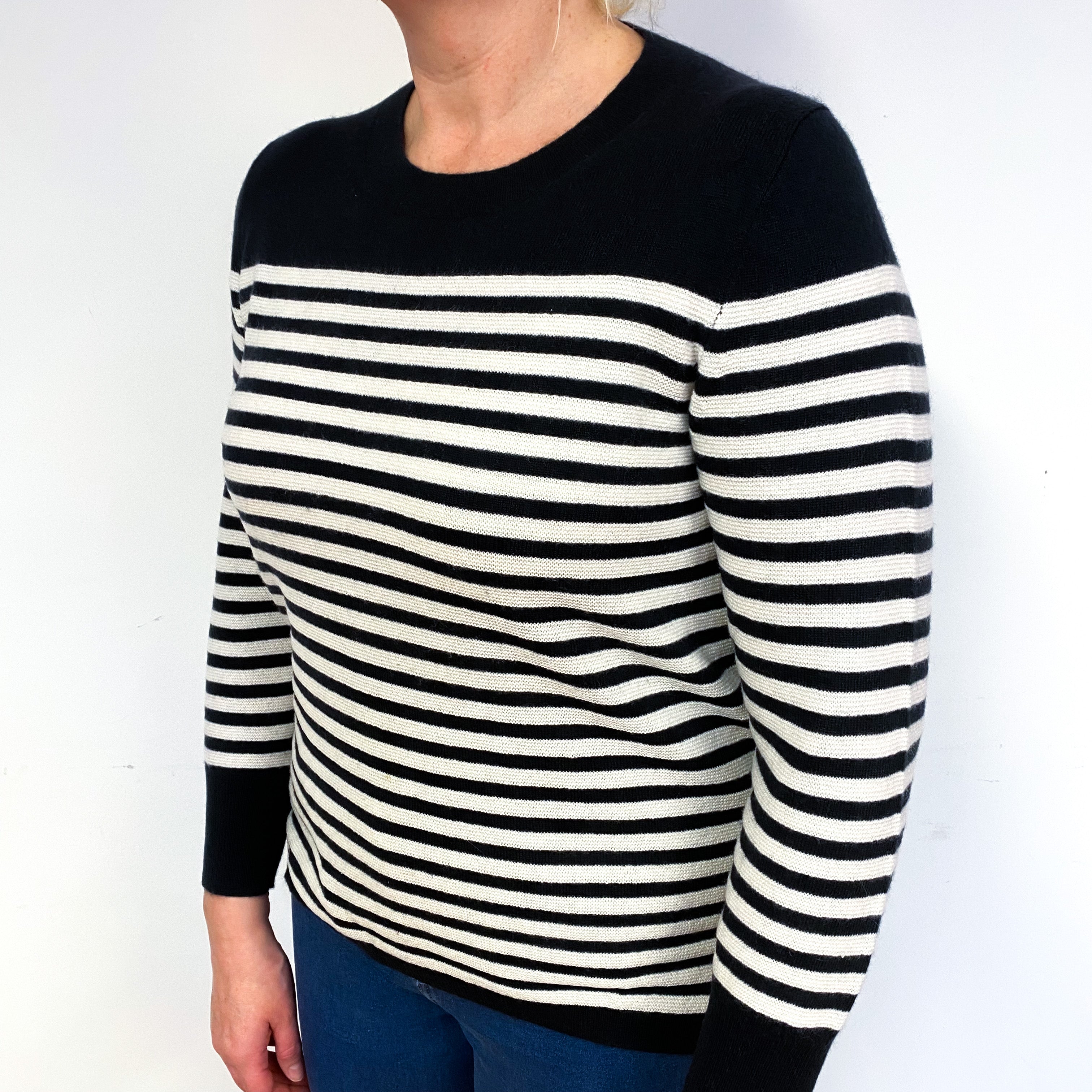 French Navy Cream Stripe Cashmere Crew Neck Jumper Large