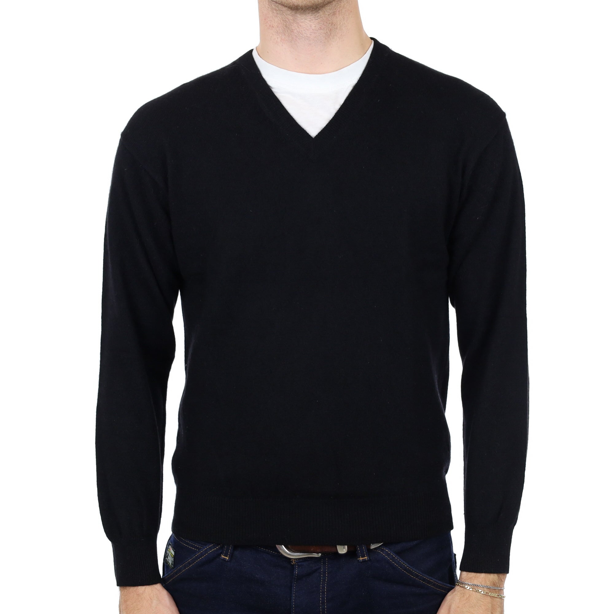 Men's Black Cashmere V Neck Jumper Medium