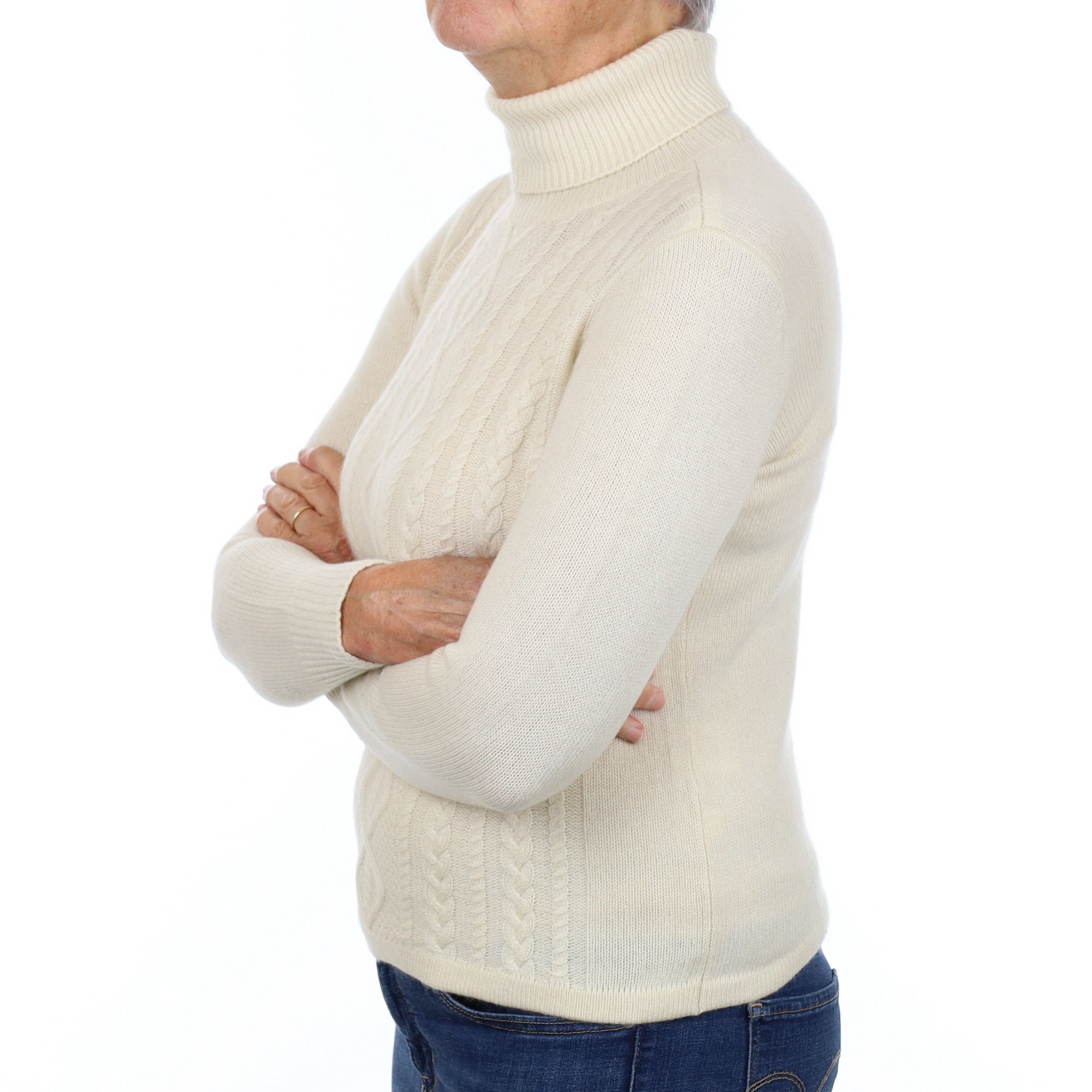 Honey Cream Cable Cashmere Polo Neck Jumper Medium