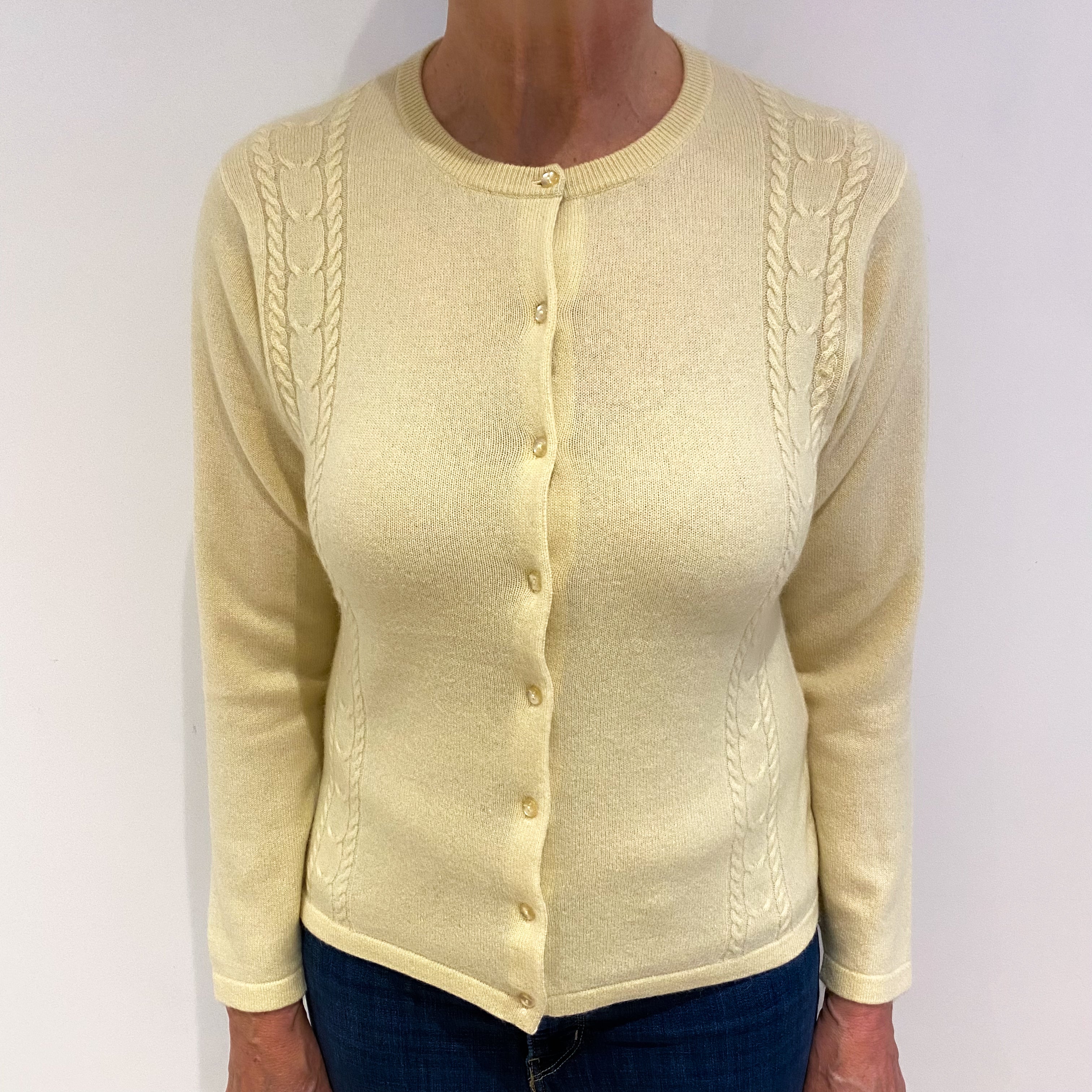 Primrose Yellow Cashmere Crew Neck Cardigan Medium