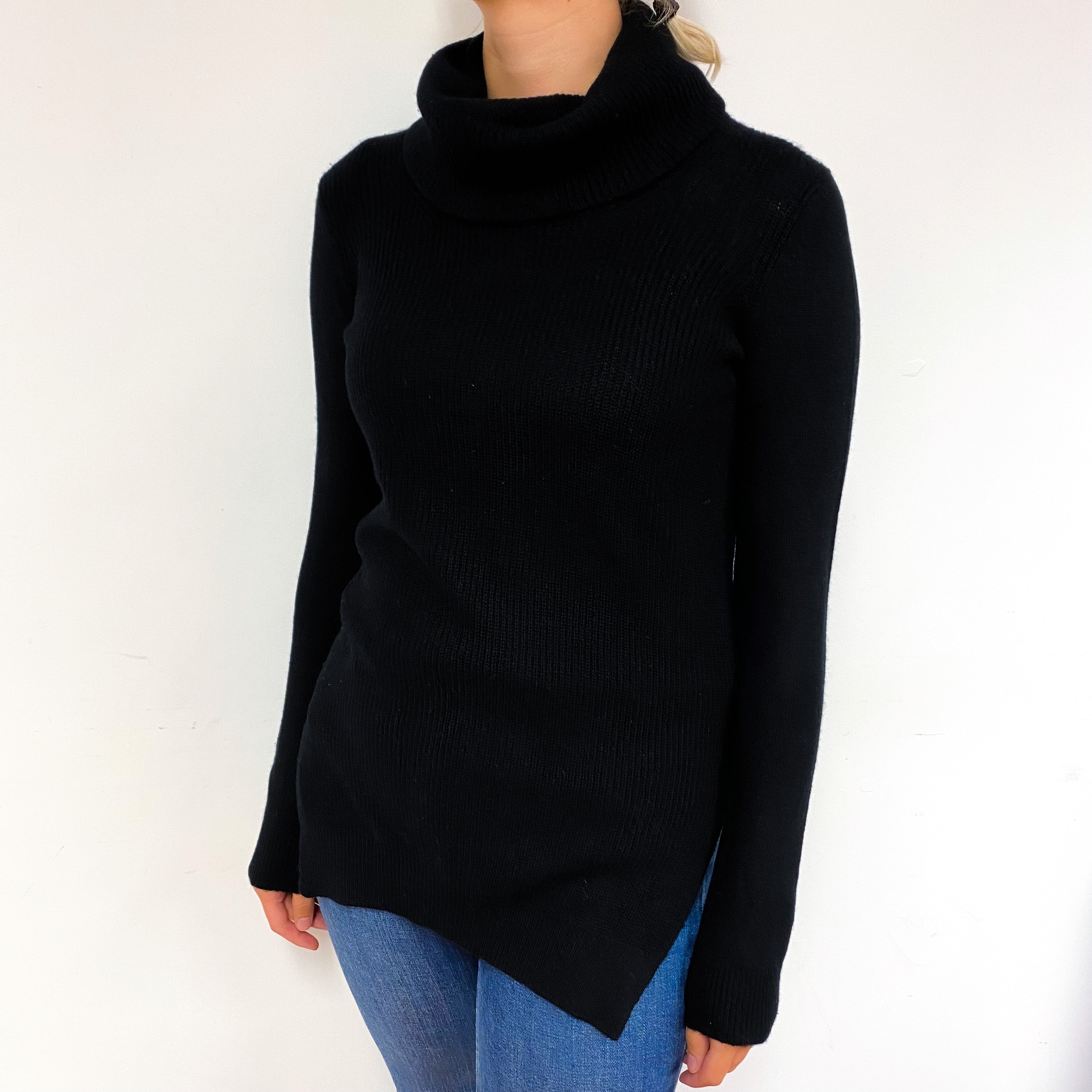 Theory Black Ribbed Cashmere Polo Neck Jumper Small