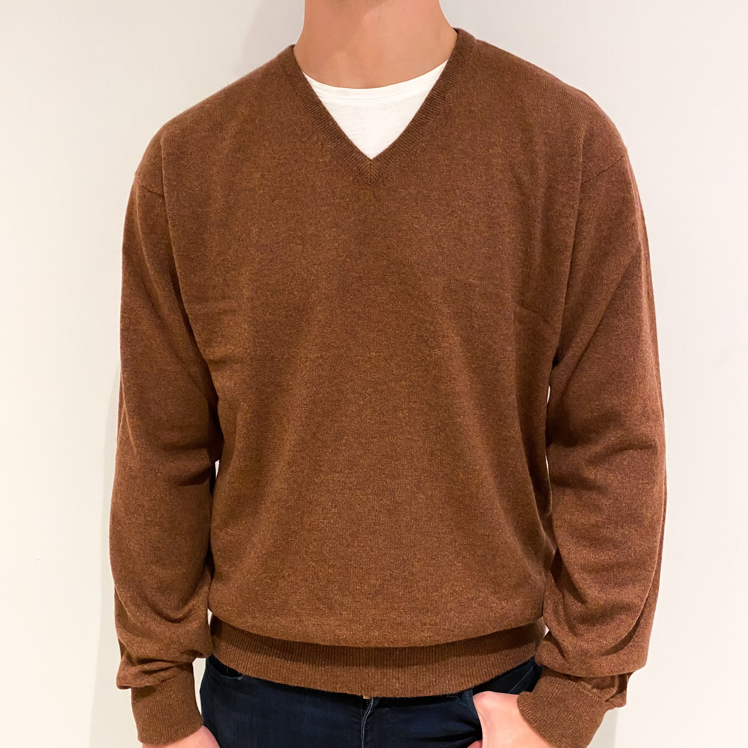 Men's Orvis Rust Brown Cashmere V-Neck Jumper Extra Extra Large